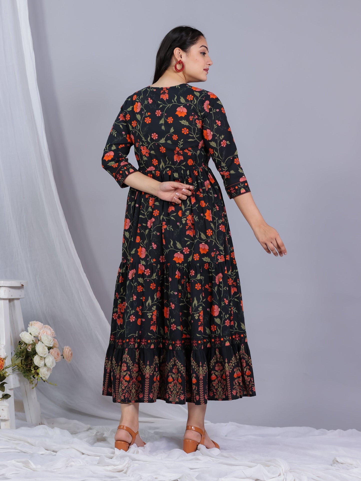 Soft Cotton Floral Anarkali Black Dress