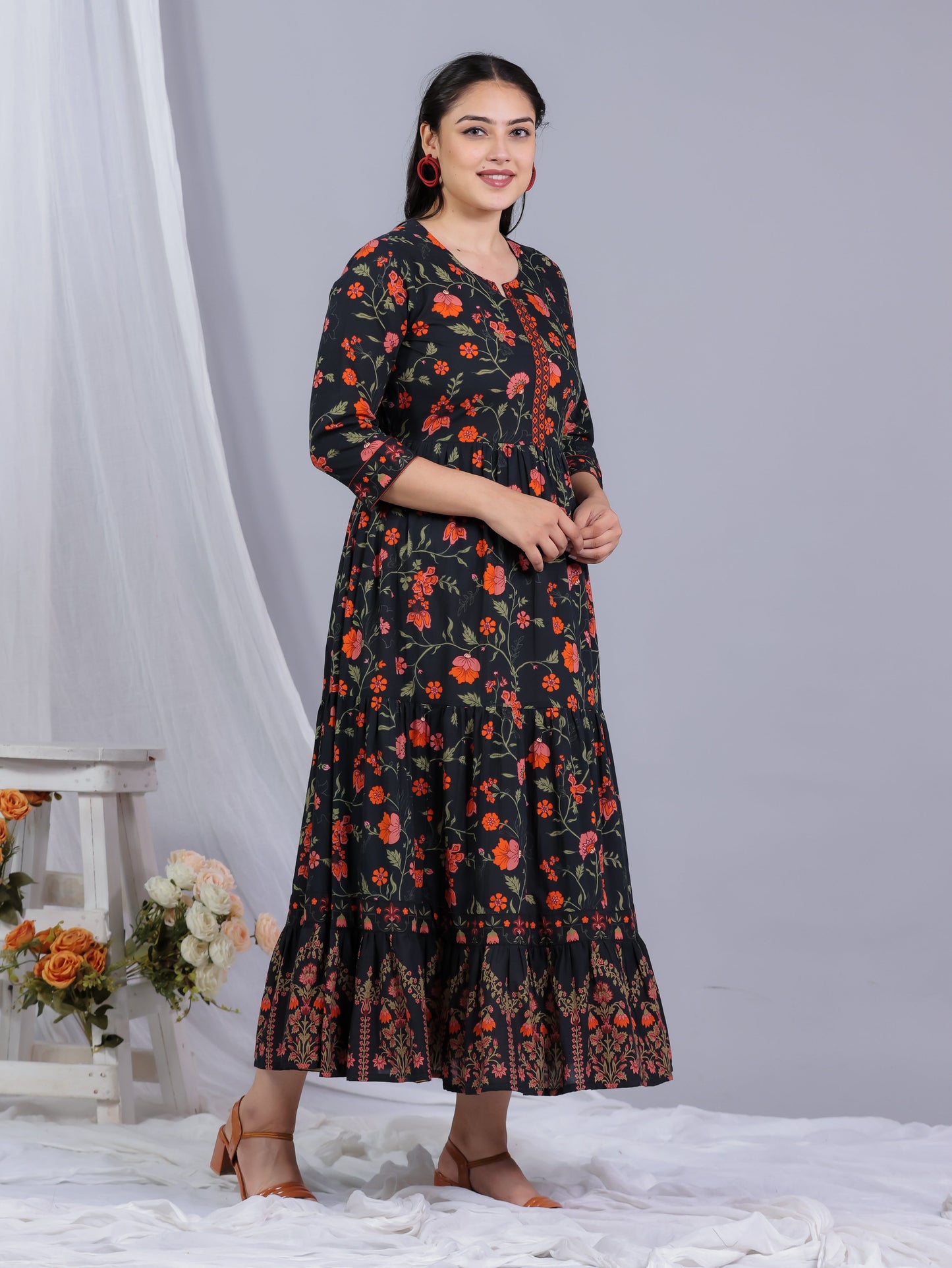 Soft Cotton Floral Anarkali Black Dress
