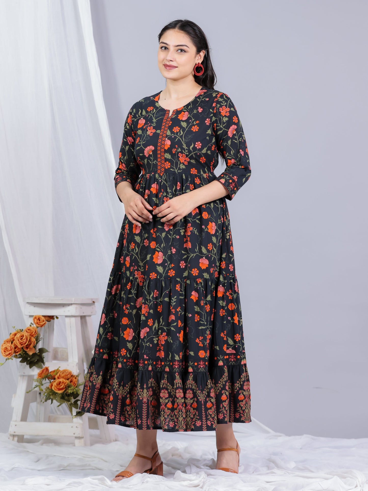 Soft Cotton Floral Anarkali Black Dress