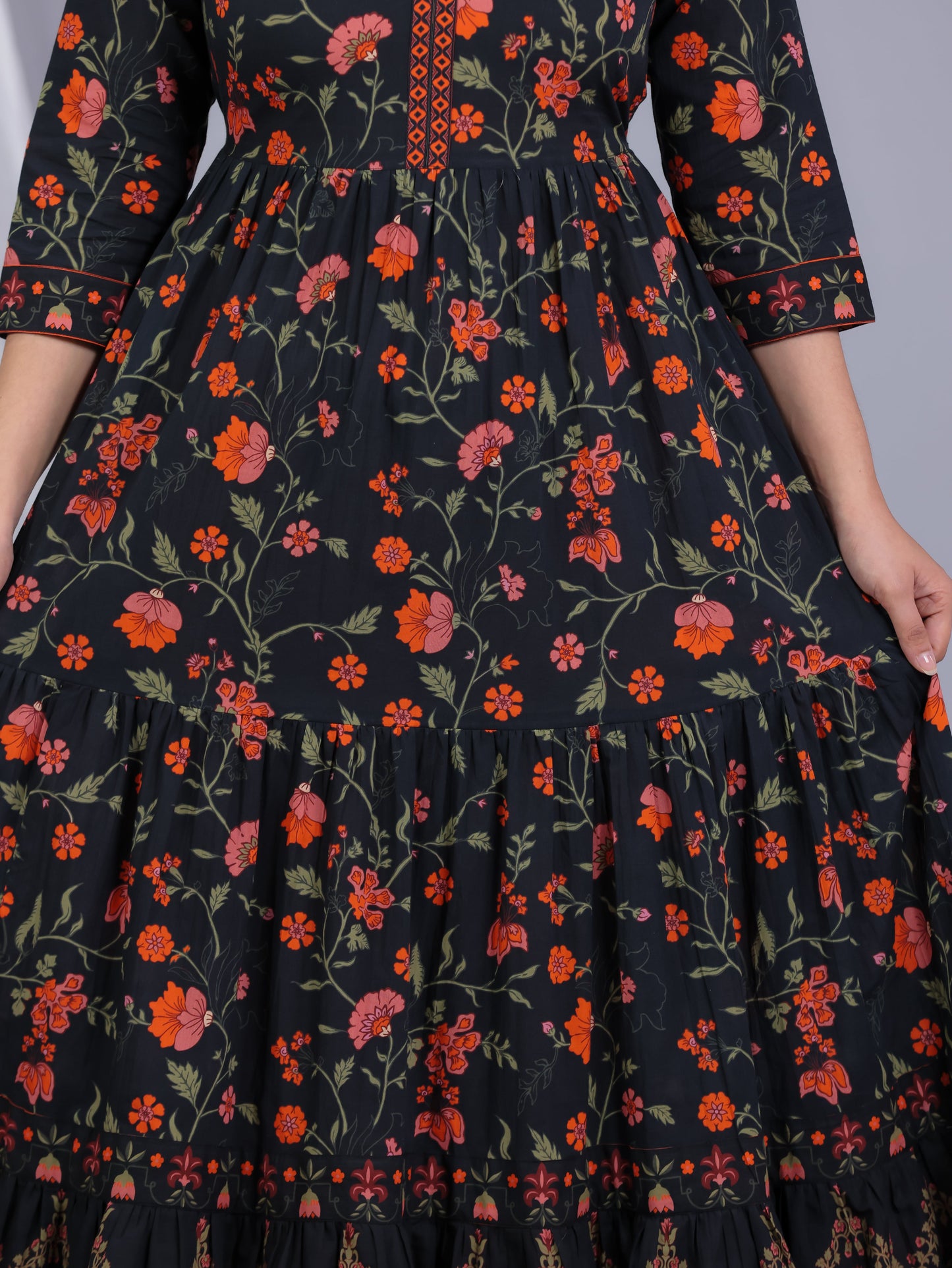 Soft Cotton Floral Anarkali Black Dress