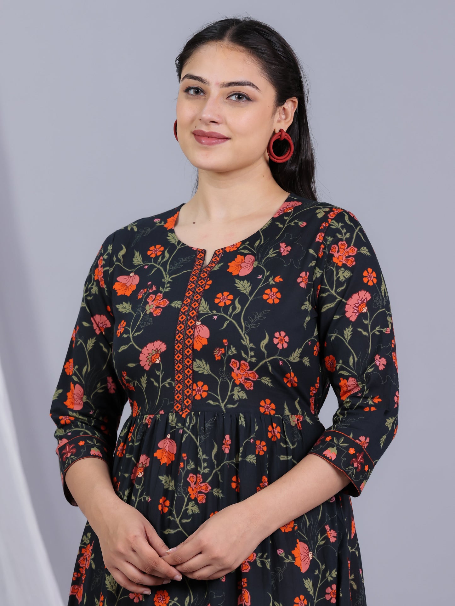 Soft Cotton Floral Anarkali Black Dress