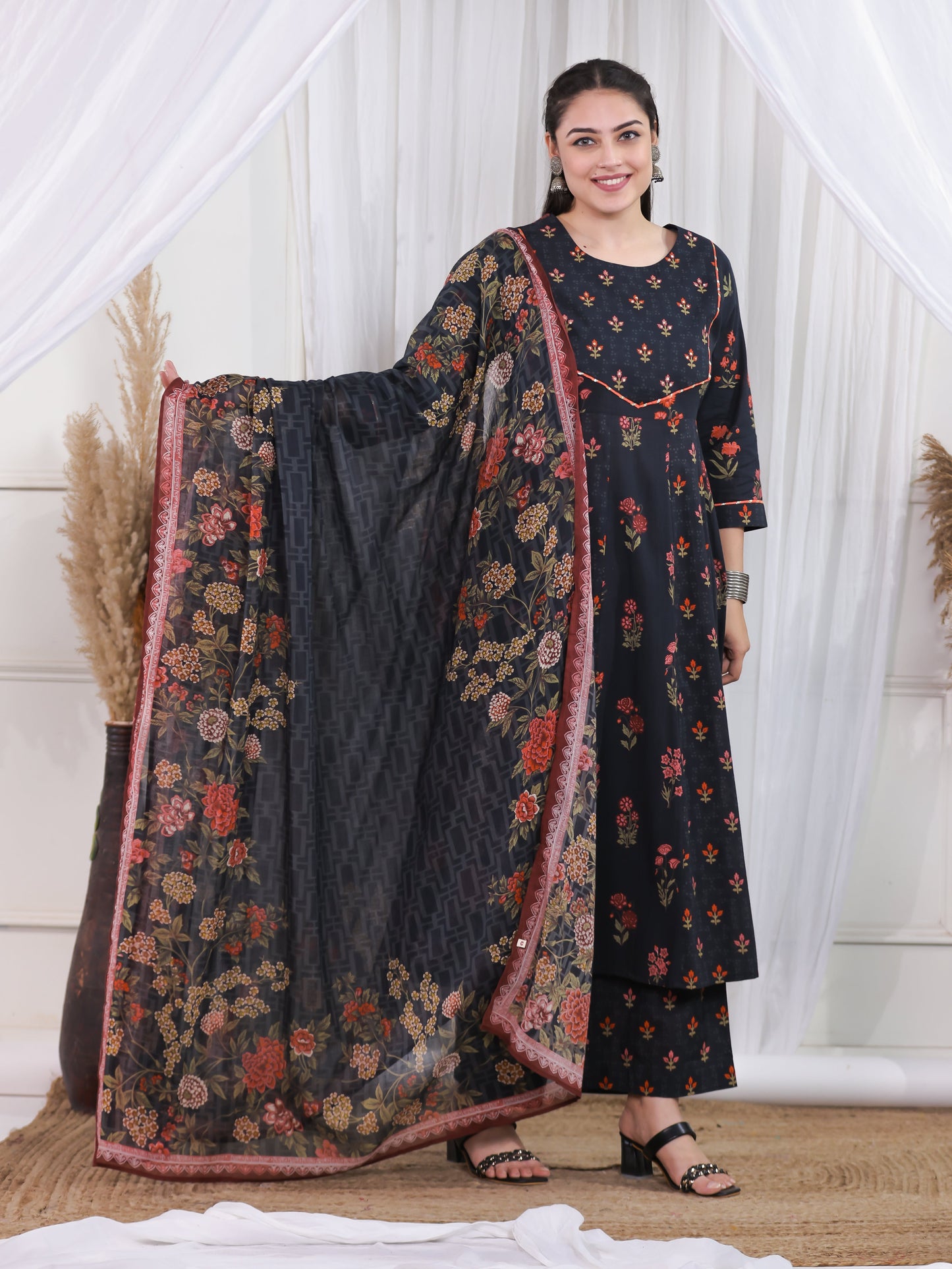 Cotton Voile Floral Black Dupatta