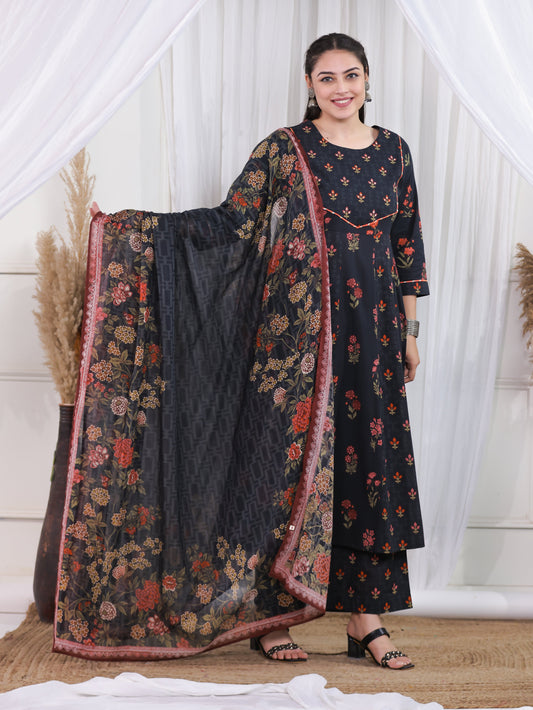 Cotton Voile Floral Black Dupatta