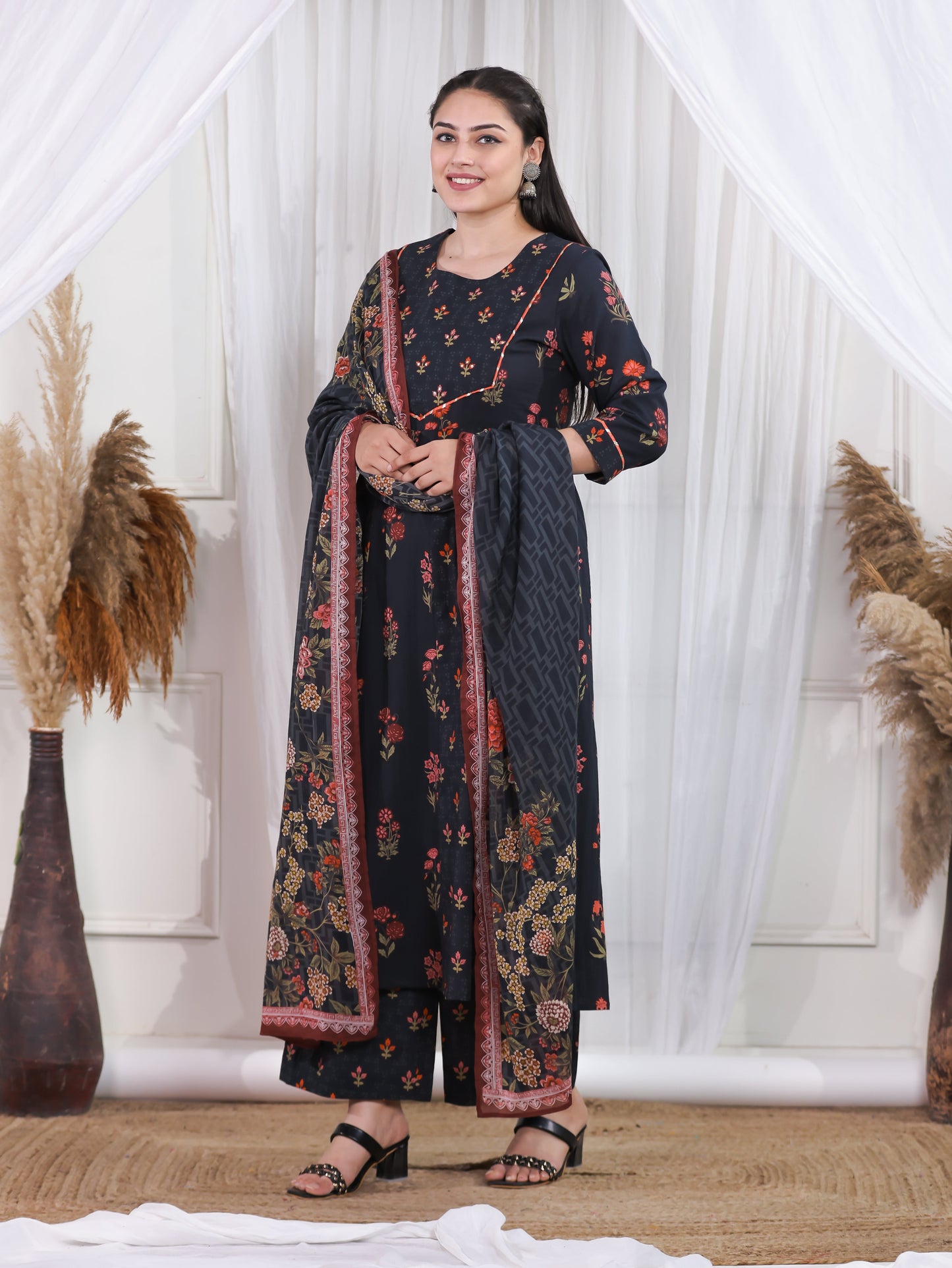 Cotton Voile Floral Black Dupatta
