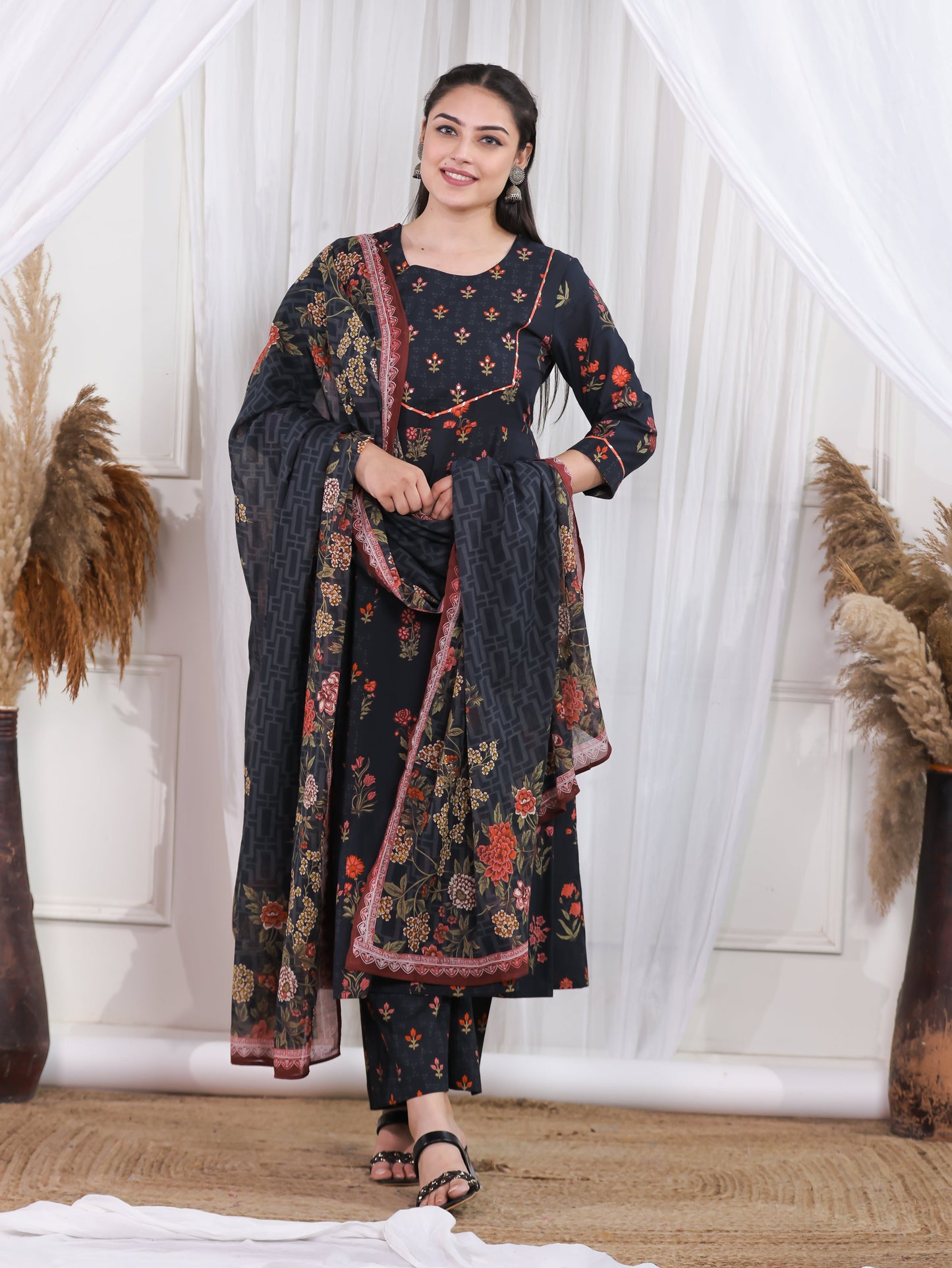 Cotton Voile Floral Black Dupatta