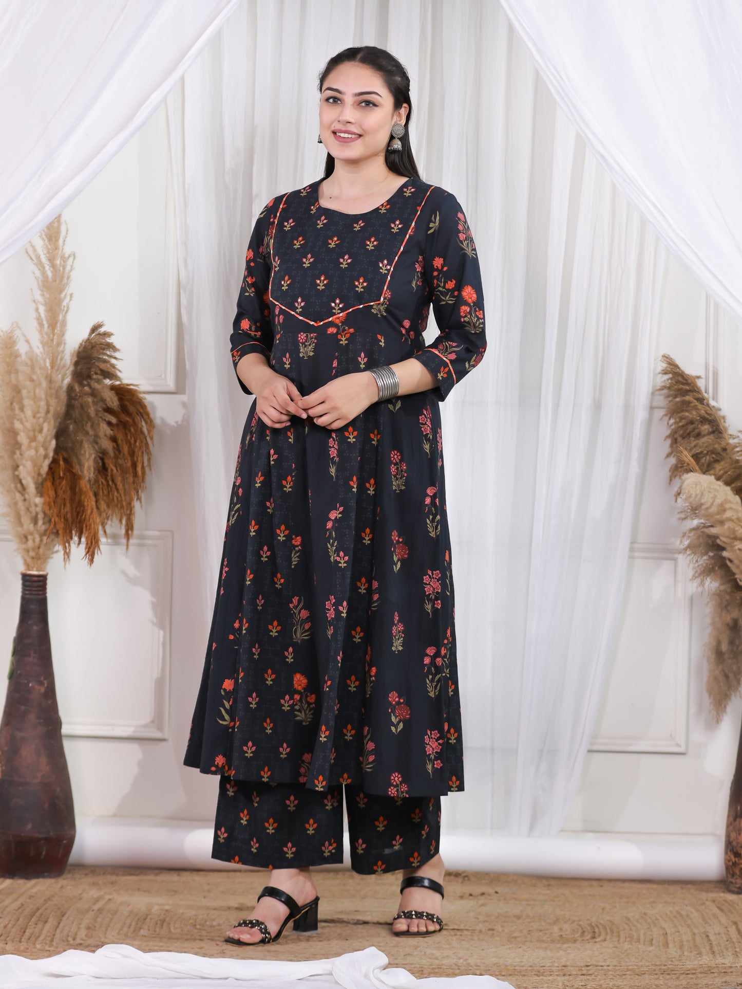 Embroidered Soft Cotton Floral Anarkali Black Kurta