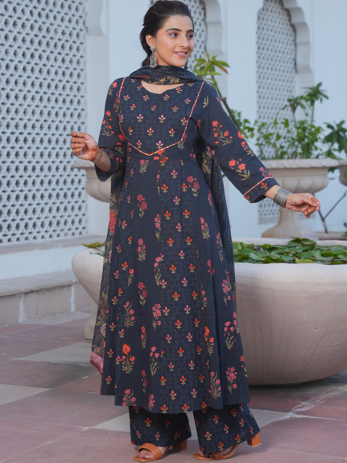Embroidered Soft Cotton Floral Anarkali Black Kurta