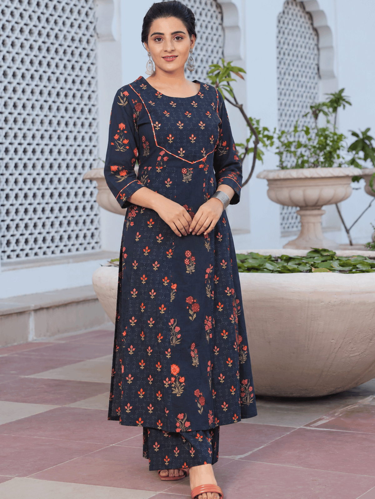 Embroidered Soft Cotton Floral Anarkali Black Kurta