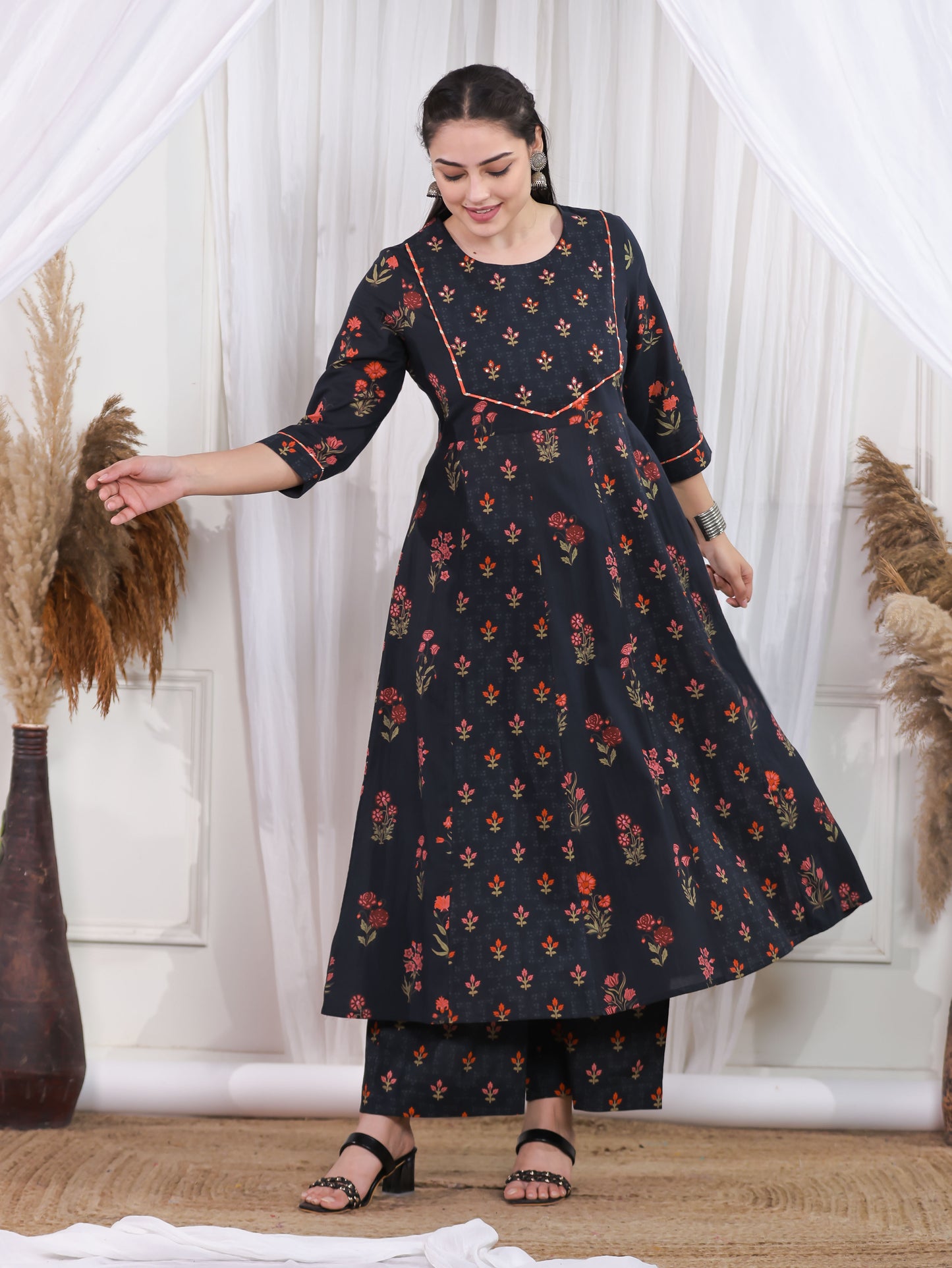Embroidered Soft Cotton Floral Anarkali Black Kurta