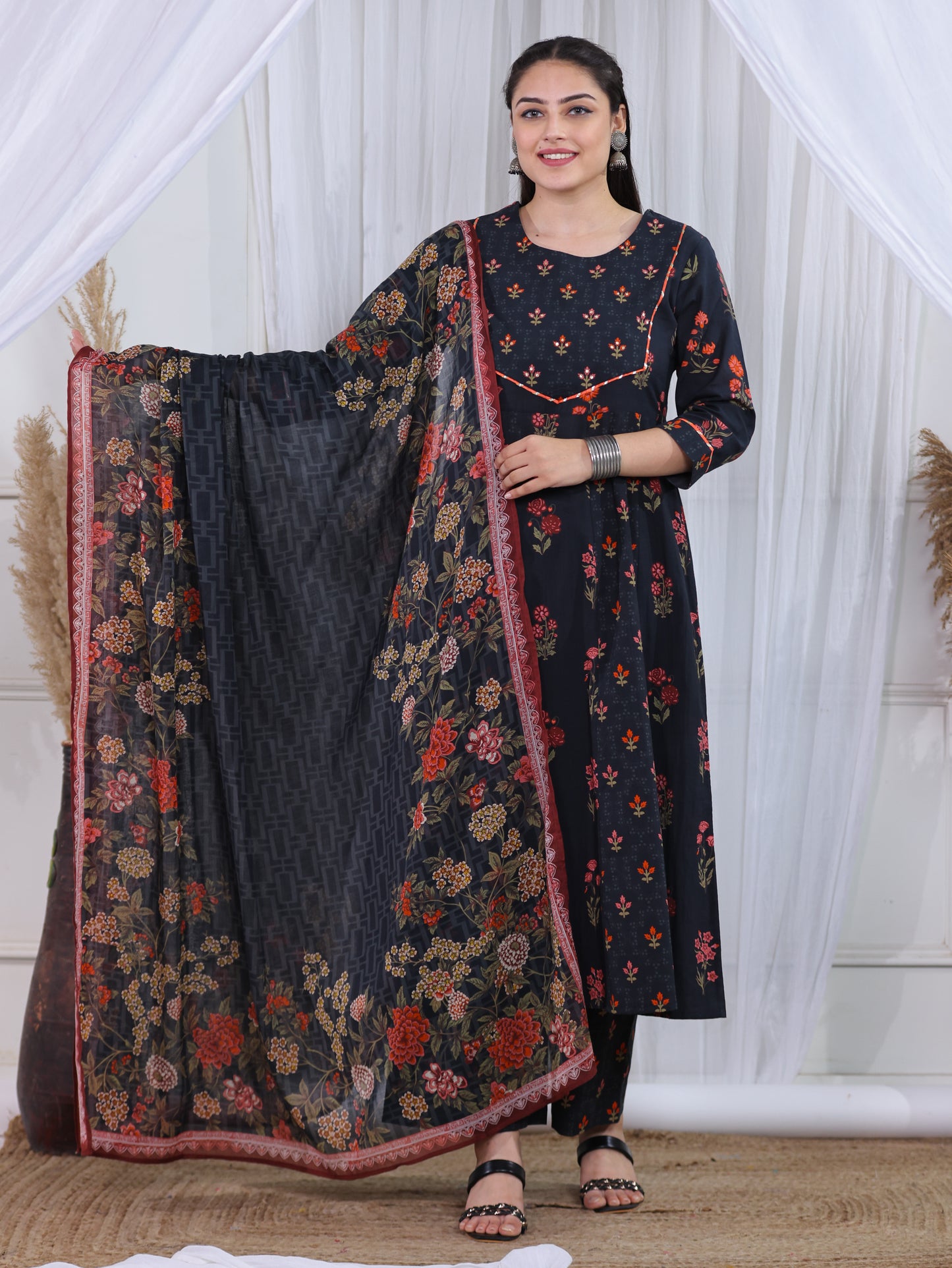 Embroidered Soft Cotton Floral Anarkali Black Kurta