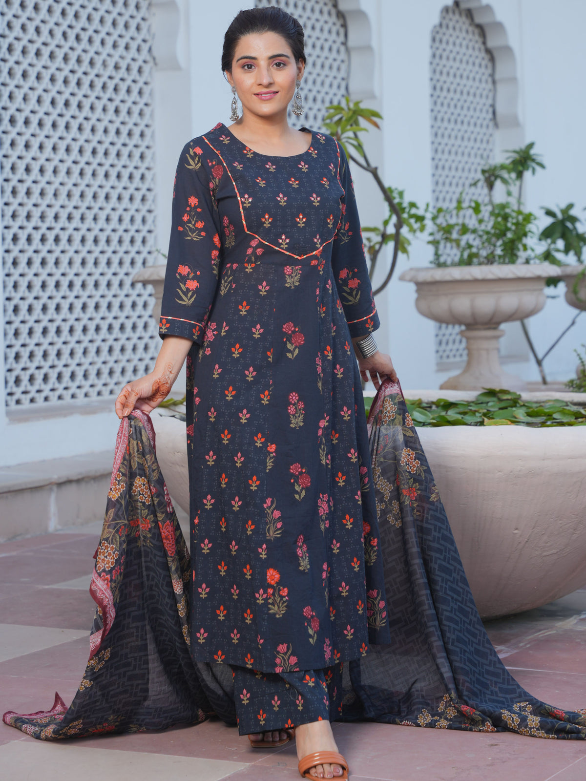 Embroidered Soft Cotton Floral Anarkali Black Kurta
