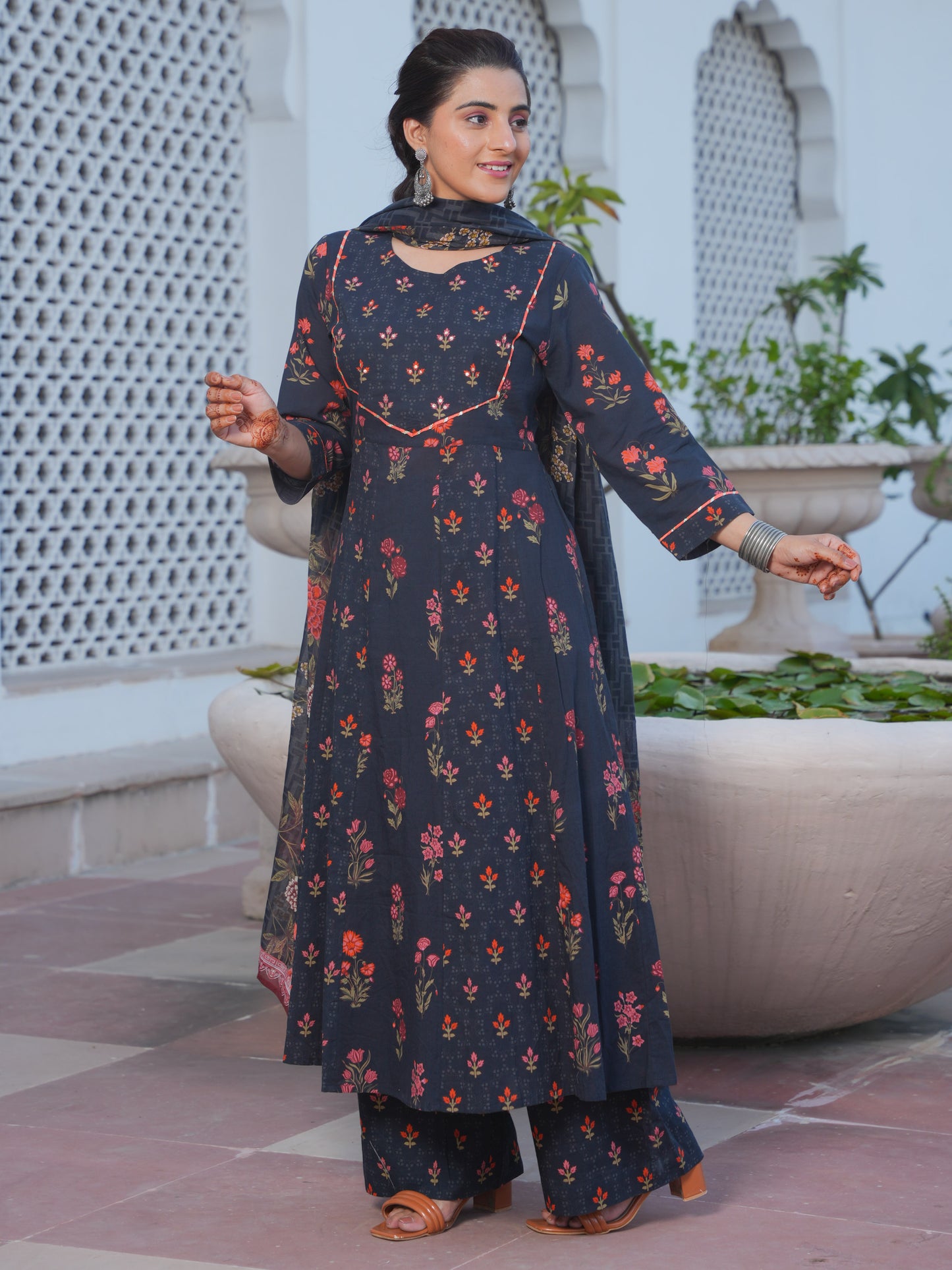 Embroidered Soft Cotton Floral Anarkali Black Kurta