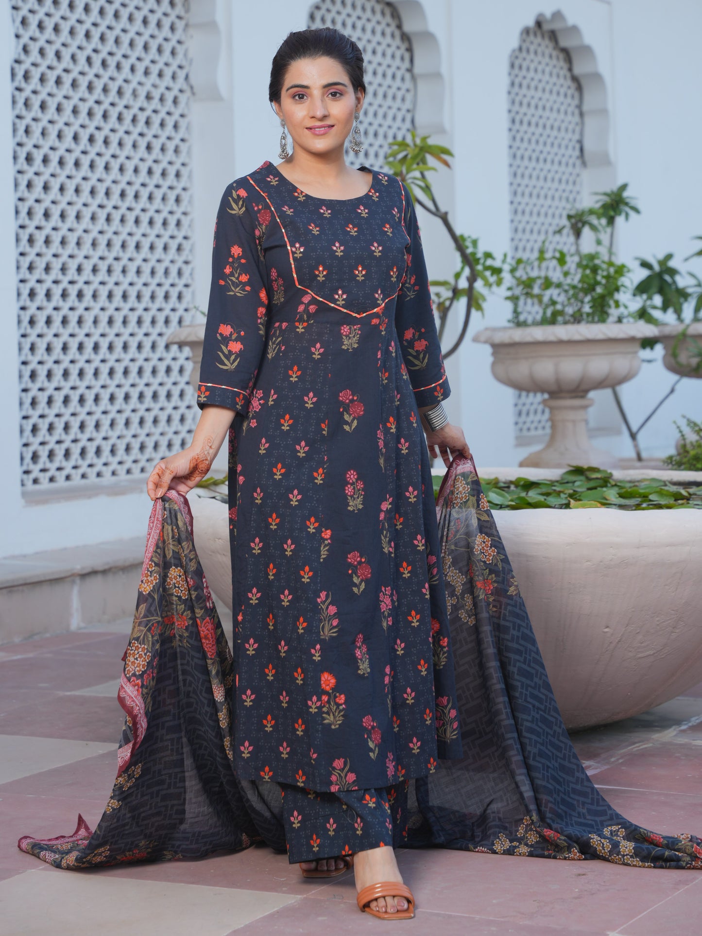 Embroidered Soft Cotton Floral Anarkali Black Kurta