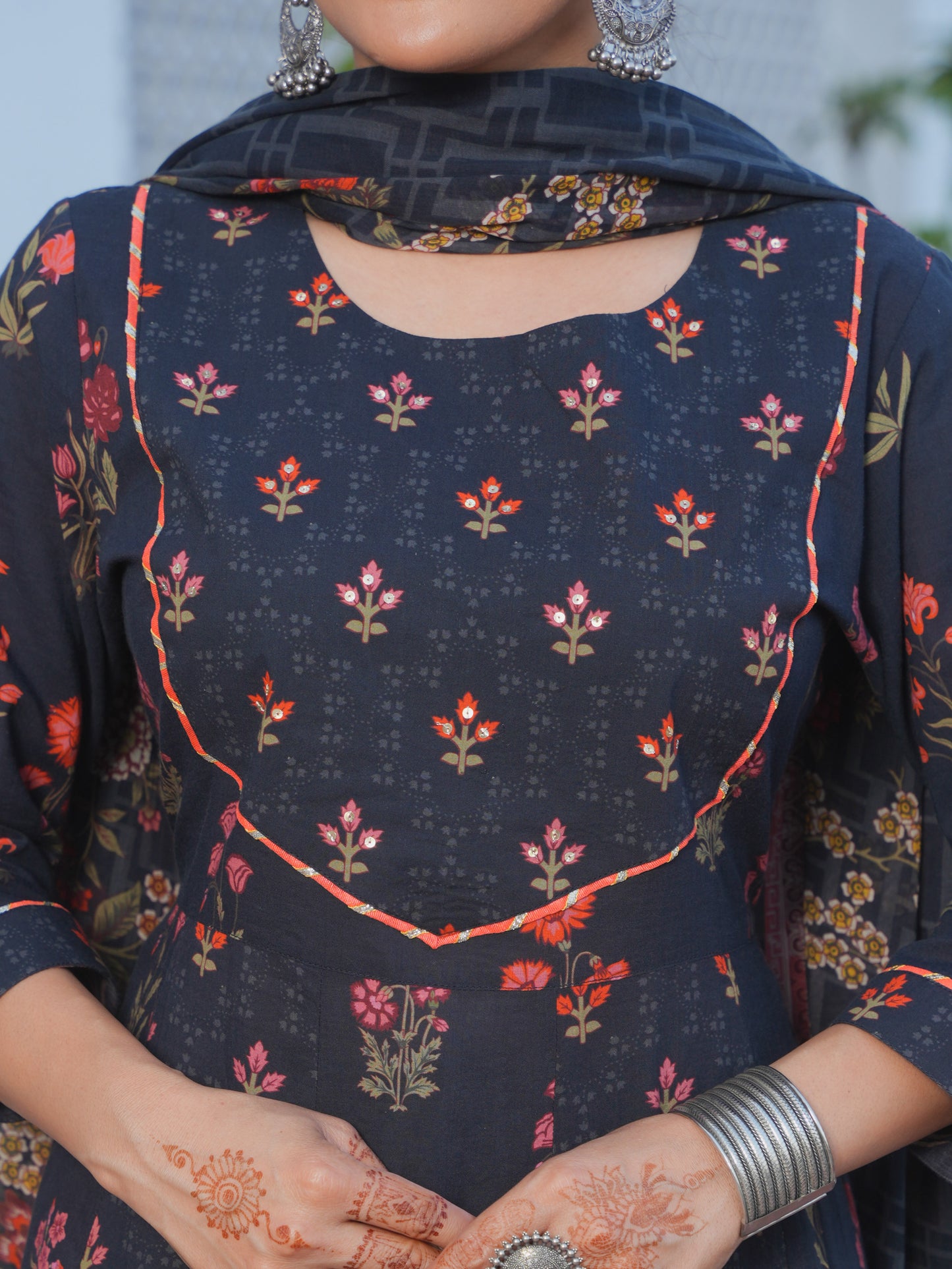 Embroidered Soft Cotton Floral Anarkali Black Kurta