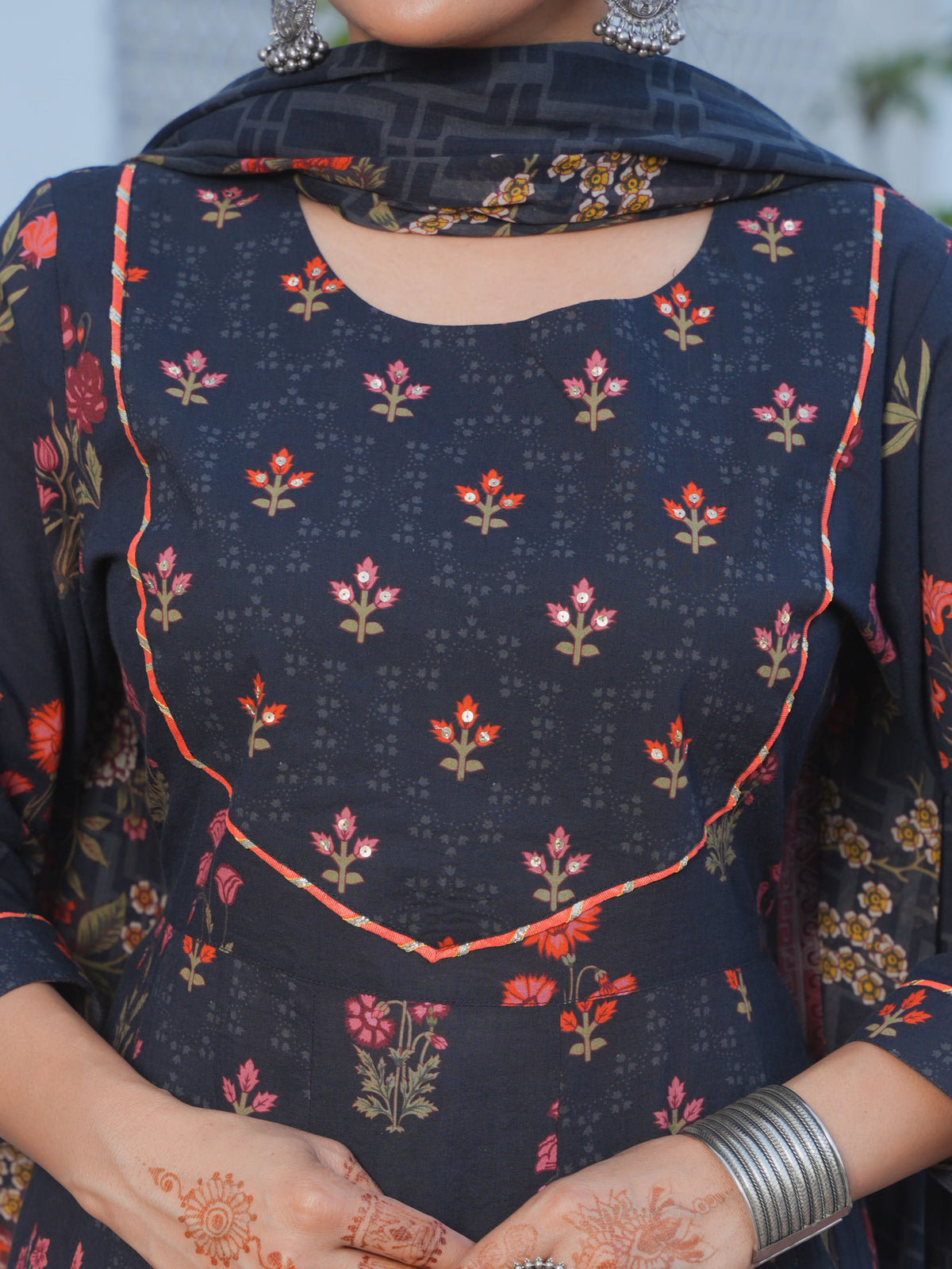 Embroidered Soft Cotton Floral Anarkali Black Kurta