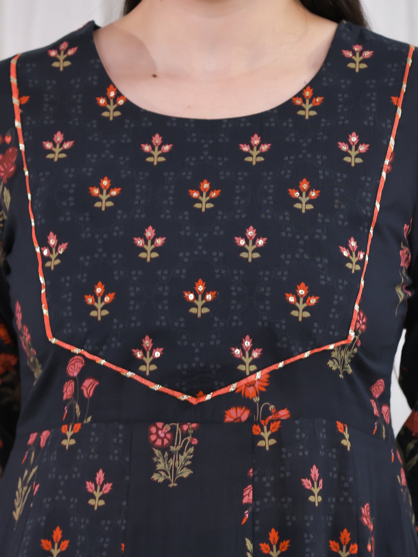 Embroidered Soft Cotton Floral Anarkali Black Kurta