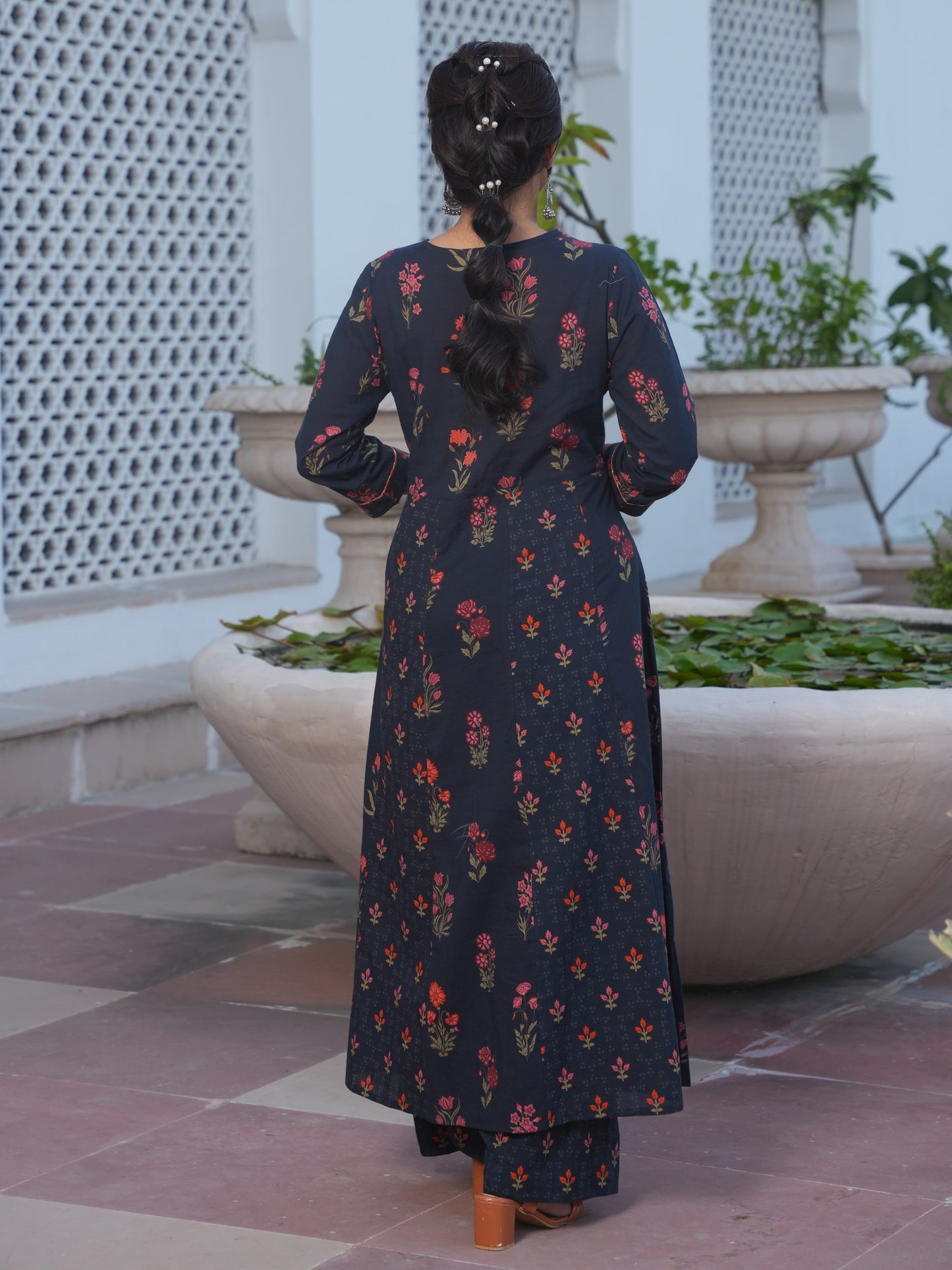 Embroidered Soft Cotton Floral Anarkali Black Kurta