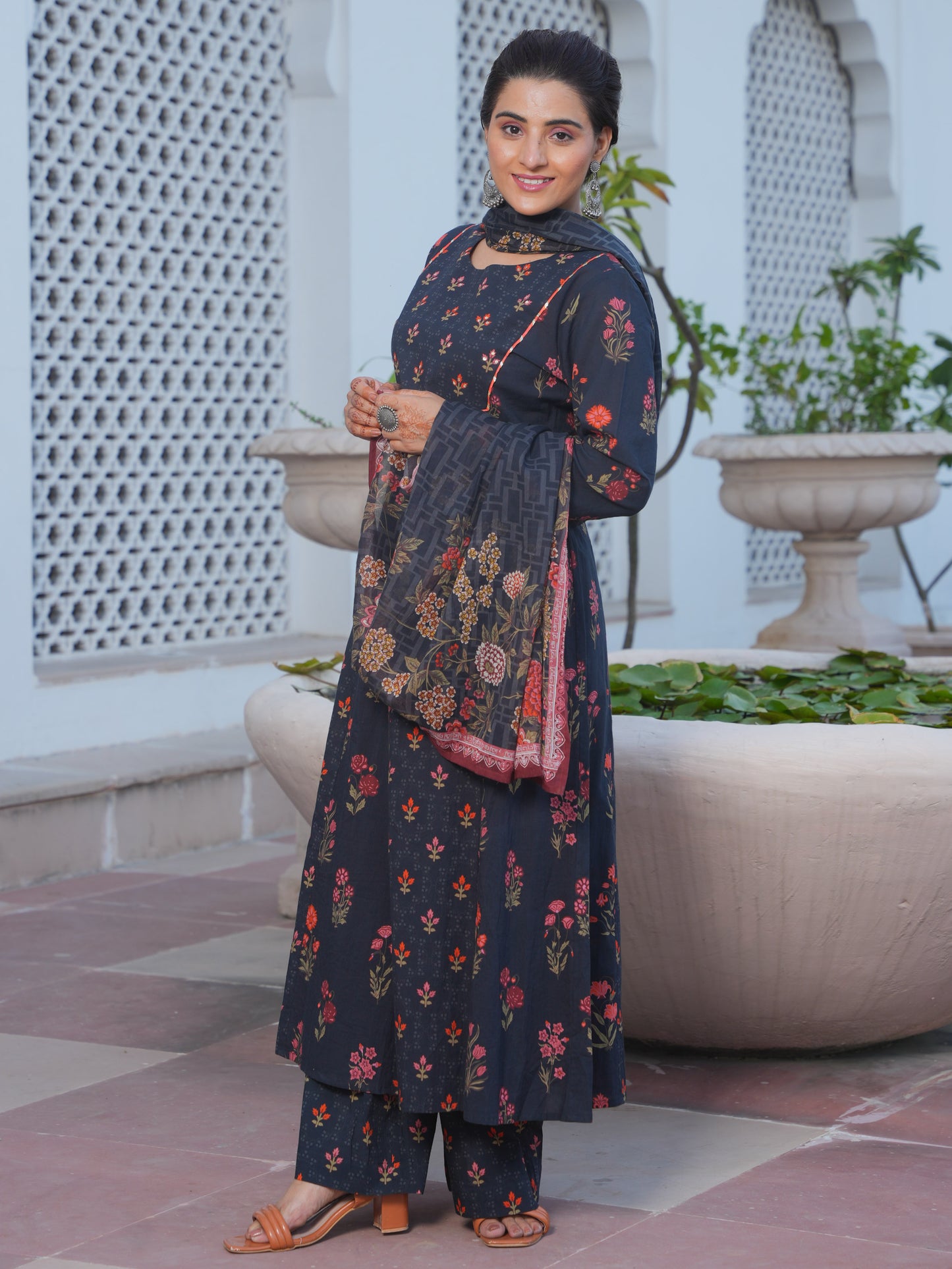 Embroidered Soft Cotton Floral Anarkali Black Kurta