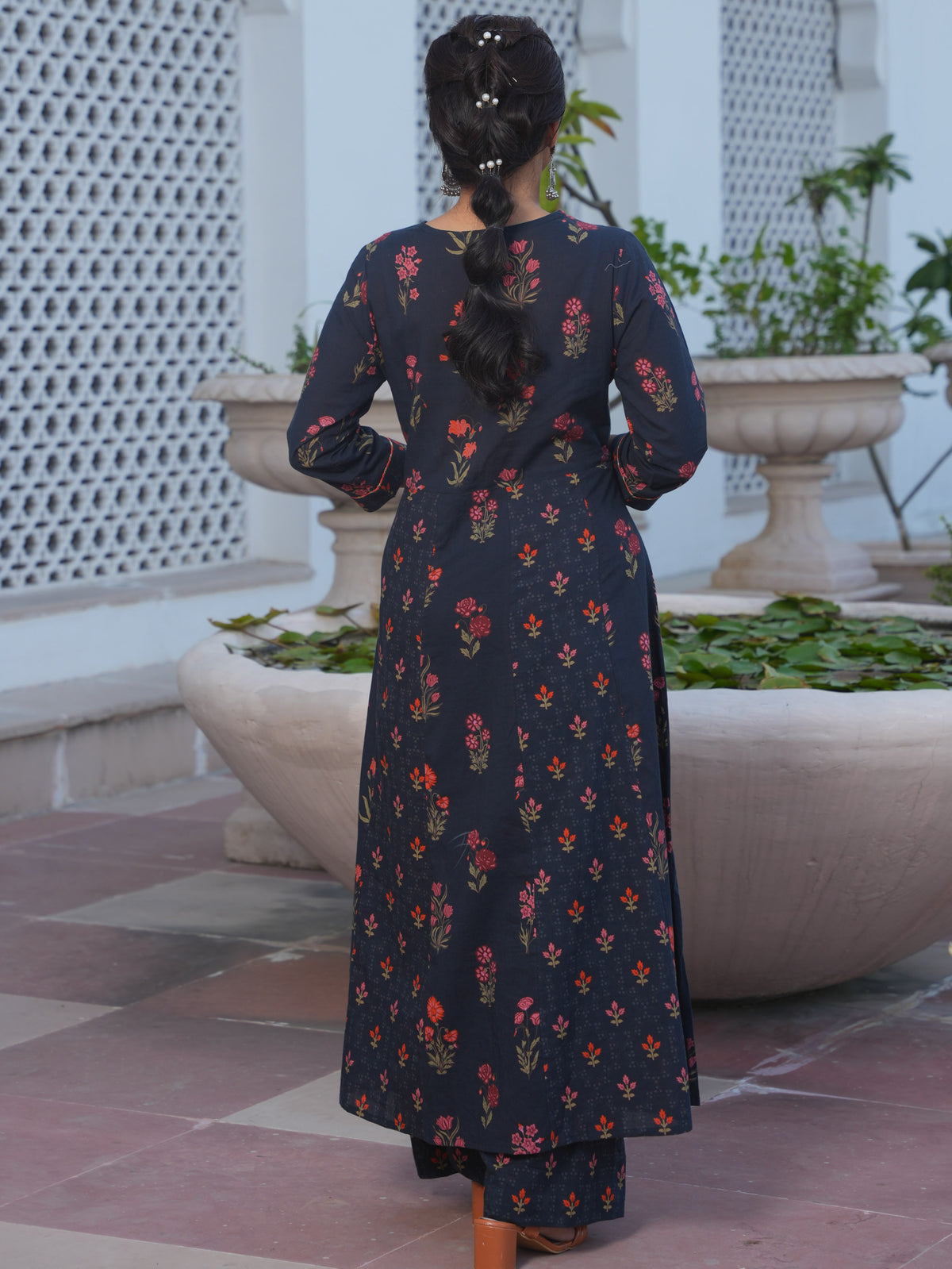 Embroidered Soft Cotton Floral Anarkali Black Kurta