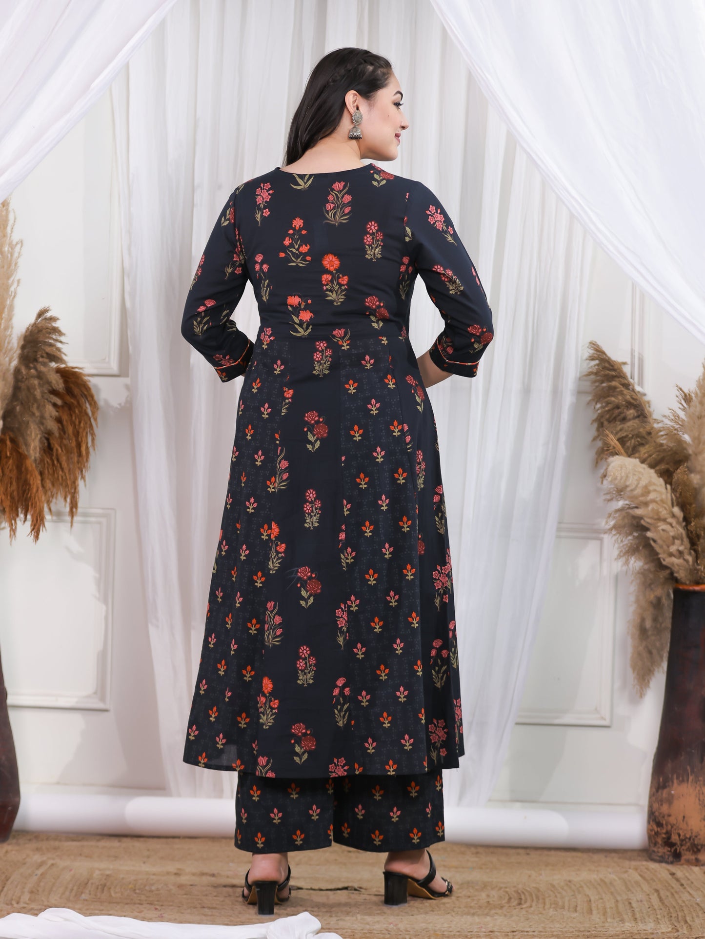 Embroidered Soft Cotton Floral Anarkali Black Kurta