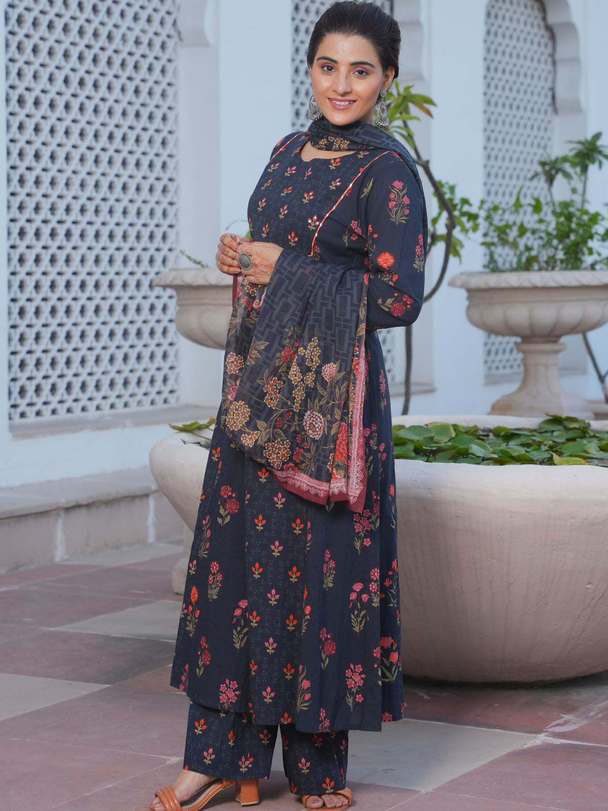 Embroidered Soft Cotton Floral Anarkali Black Kurta