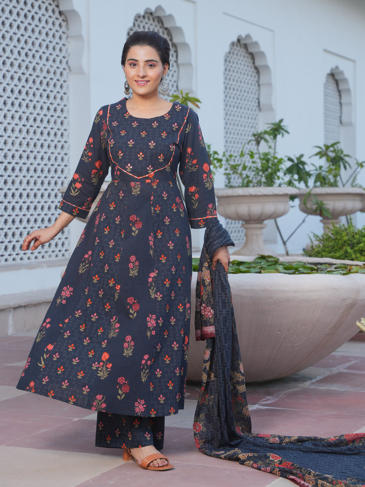 Embroidered Soft Cotton Floral Anarkali Black Kurta