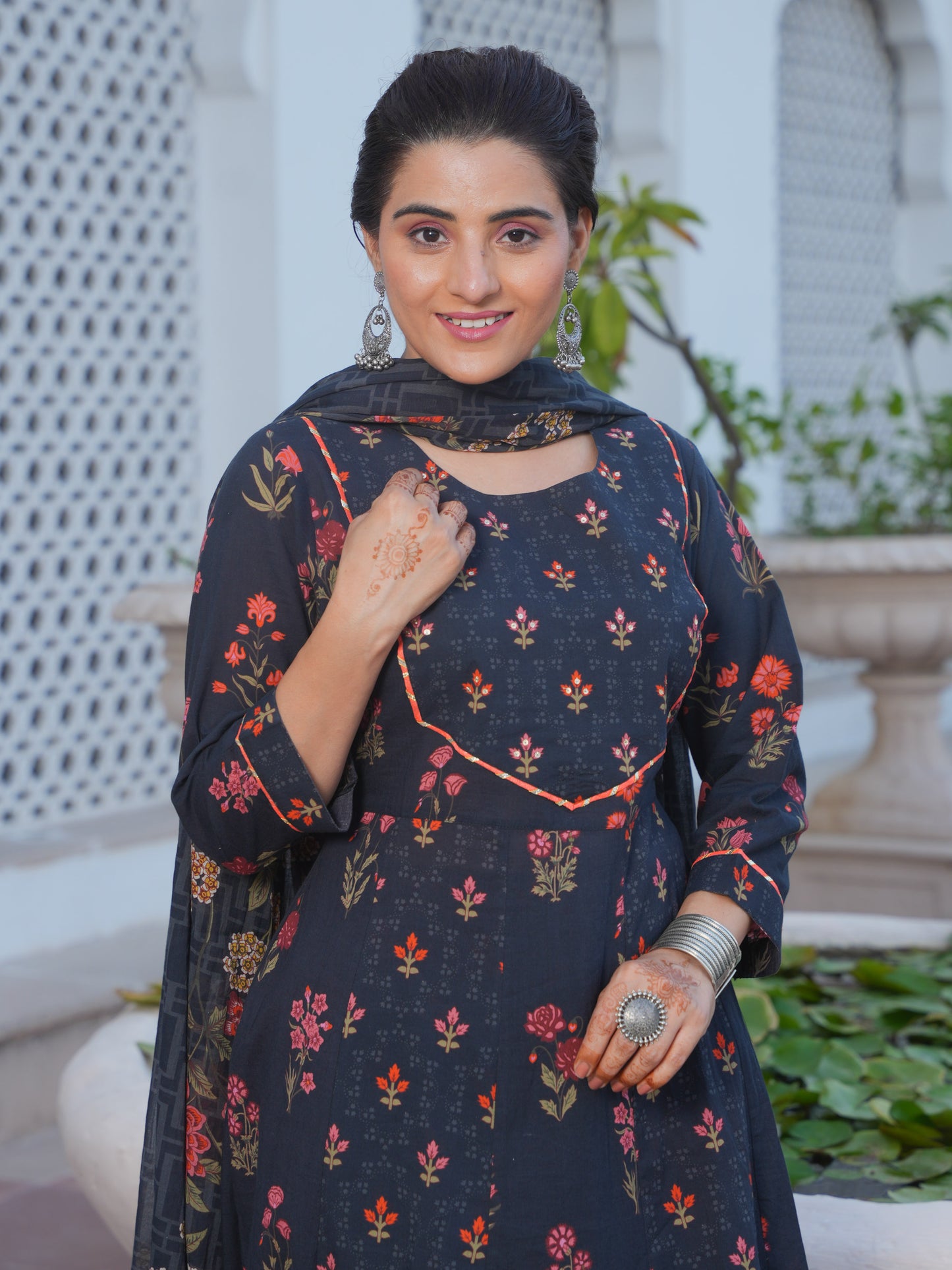 Embroidered Soft Cotton Floral Anarkali Black Kurta
