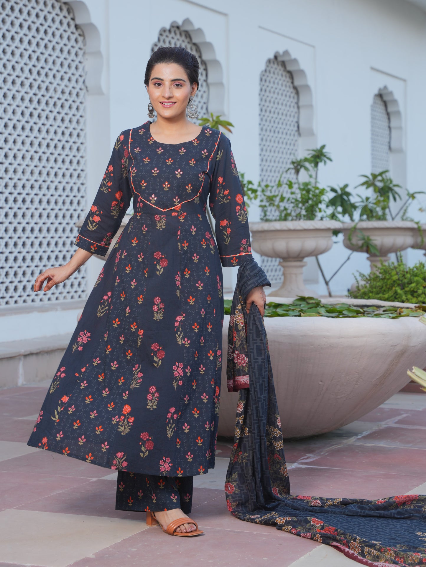 Embroidered Soft Cotton Floral Anarkali Black Kurta