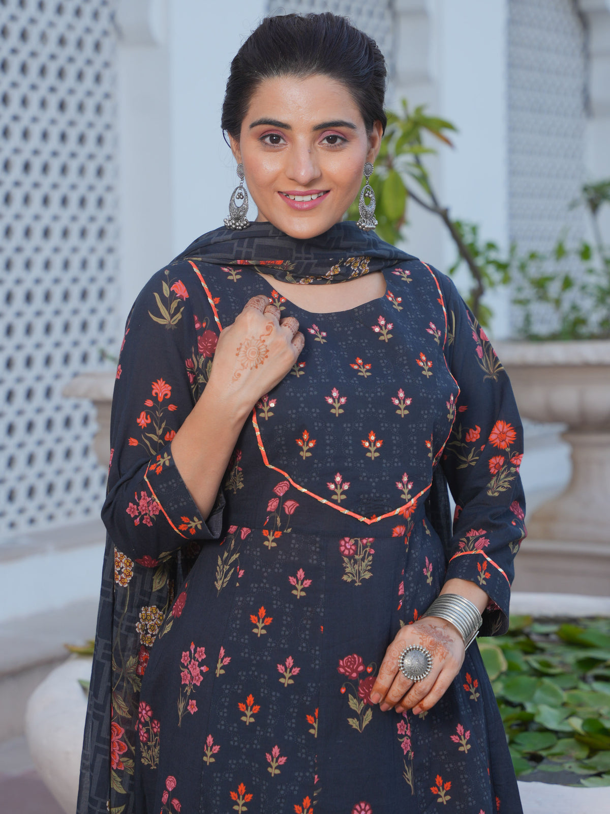 Embroidered Soft Cotton Floral Anarkali Black Kurta