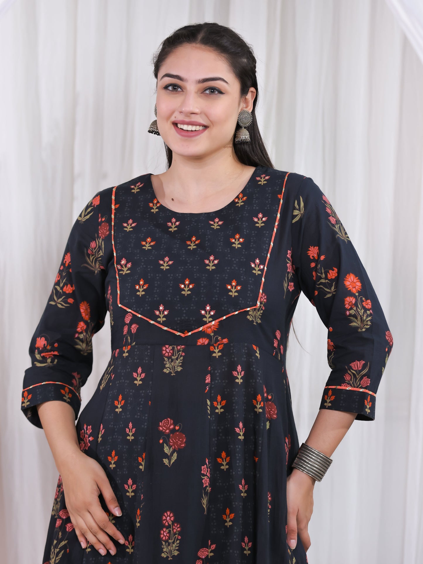 Embroidered Soft Cotton Floral Anarkali Black Kurta