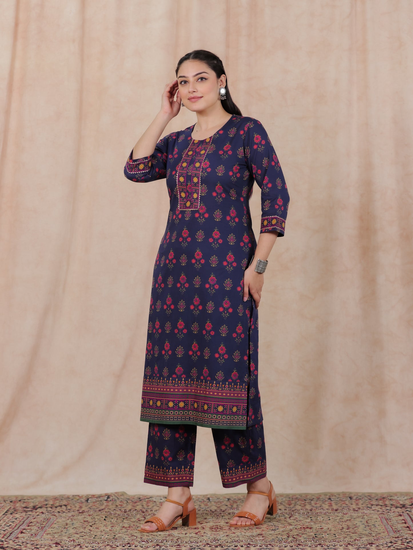 Soft Cotton Floral Straight Blue Kurta