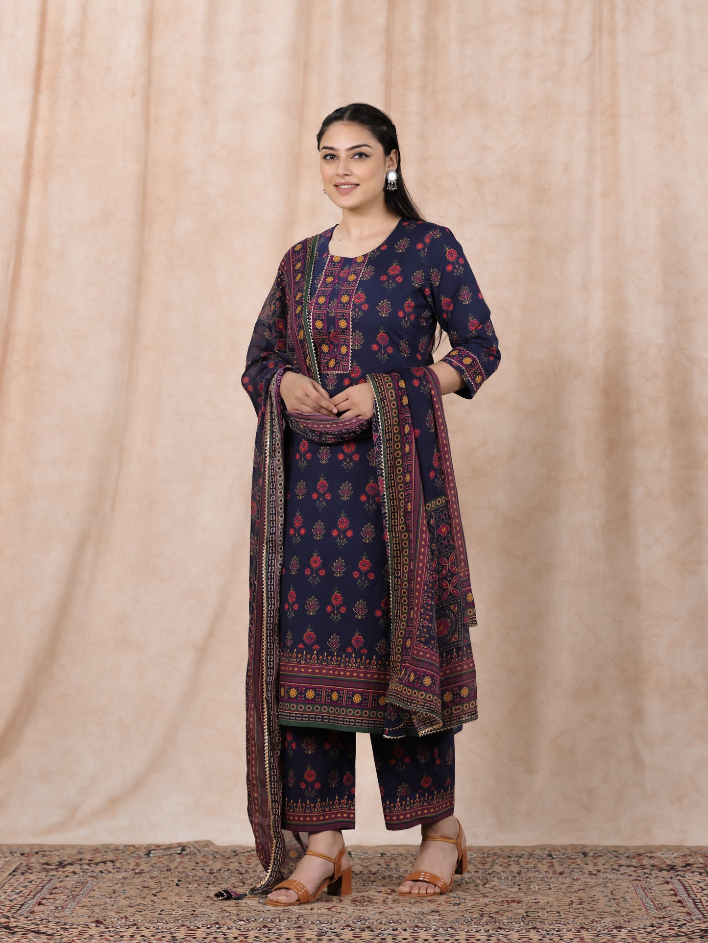 Soft Cotton Floral Straight Blue Kurta