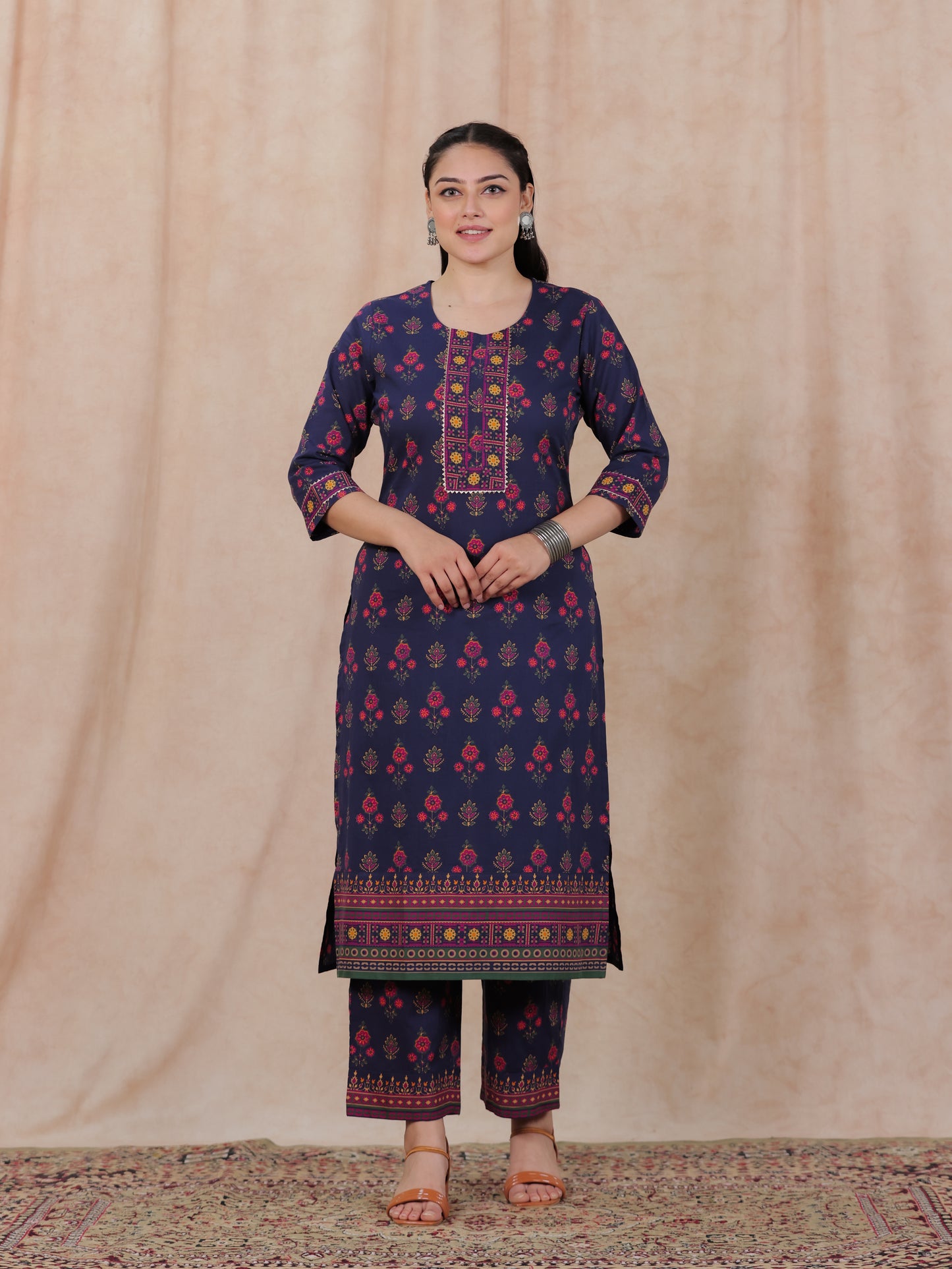 Soft Cotton Floral Straight Blue Kurta