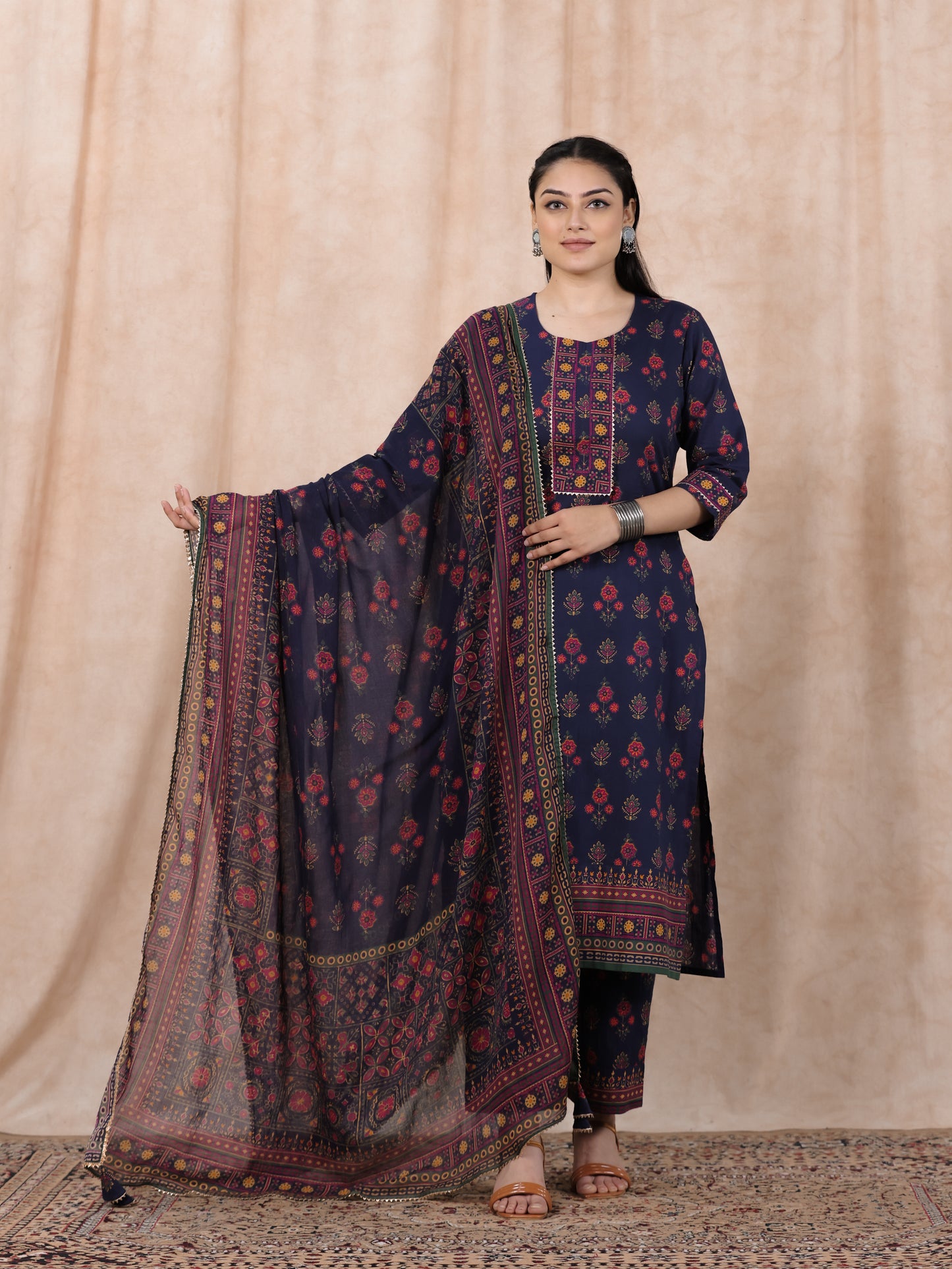 Soft Cotton Floral Straight Blue Kurta
