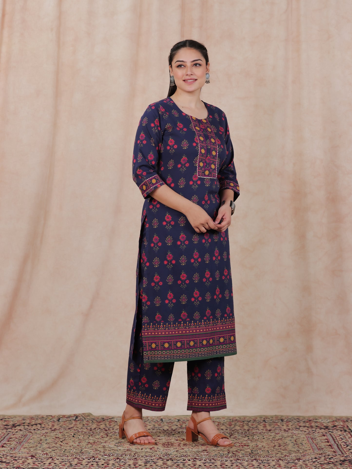 Soft Cotton Floral Straight Blue Kurta