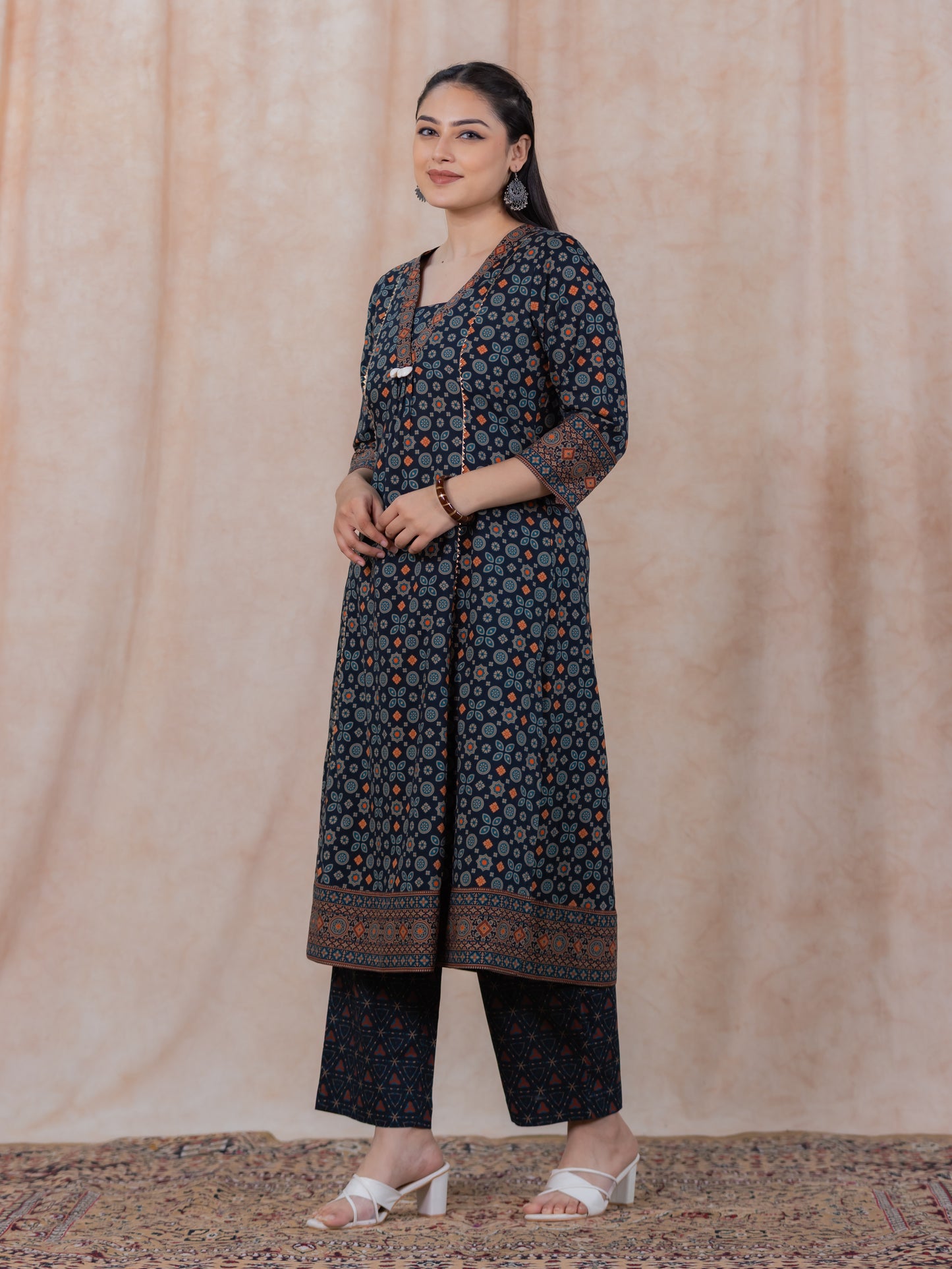 Soft Cotton Geometric Flared Black Kurta