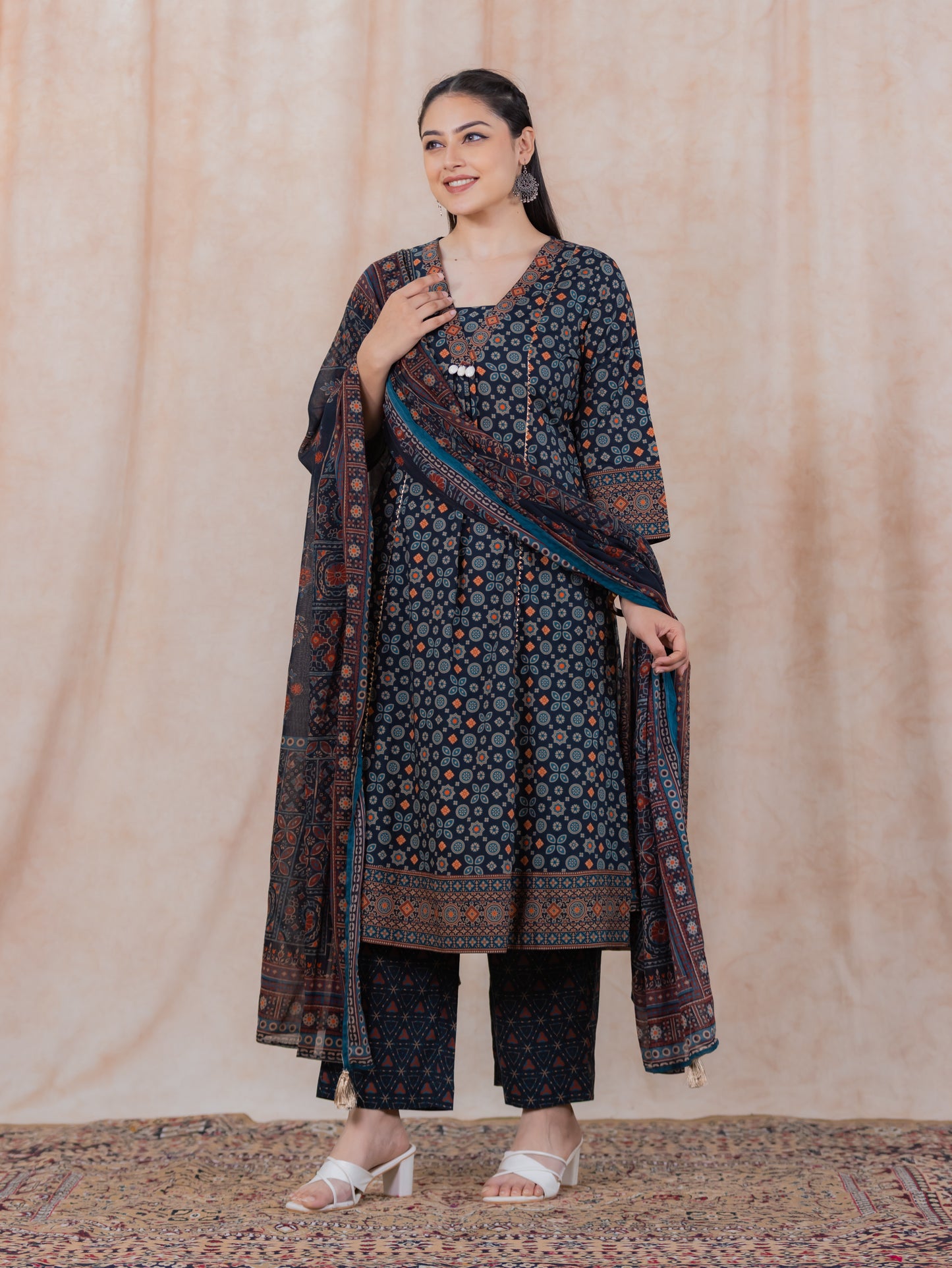 Soft Cotton Geometric Flared Black Kurta