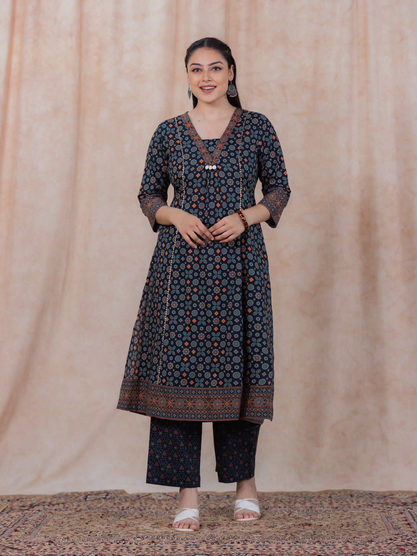 Soft Cotton Geometric Flared Black Kurta