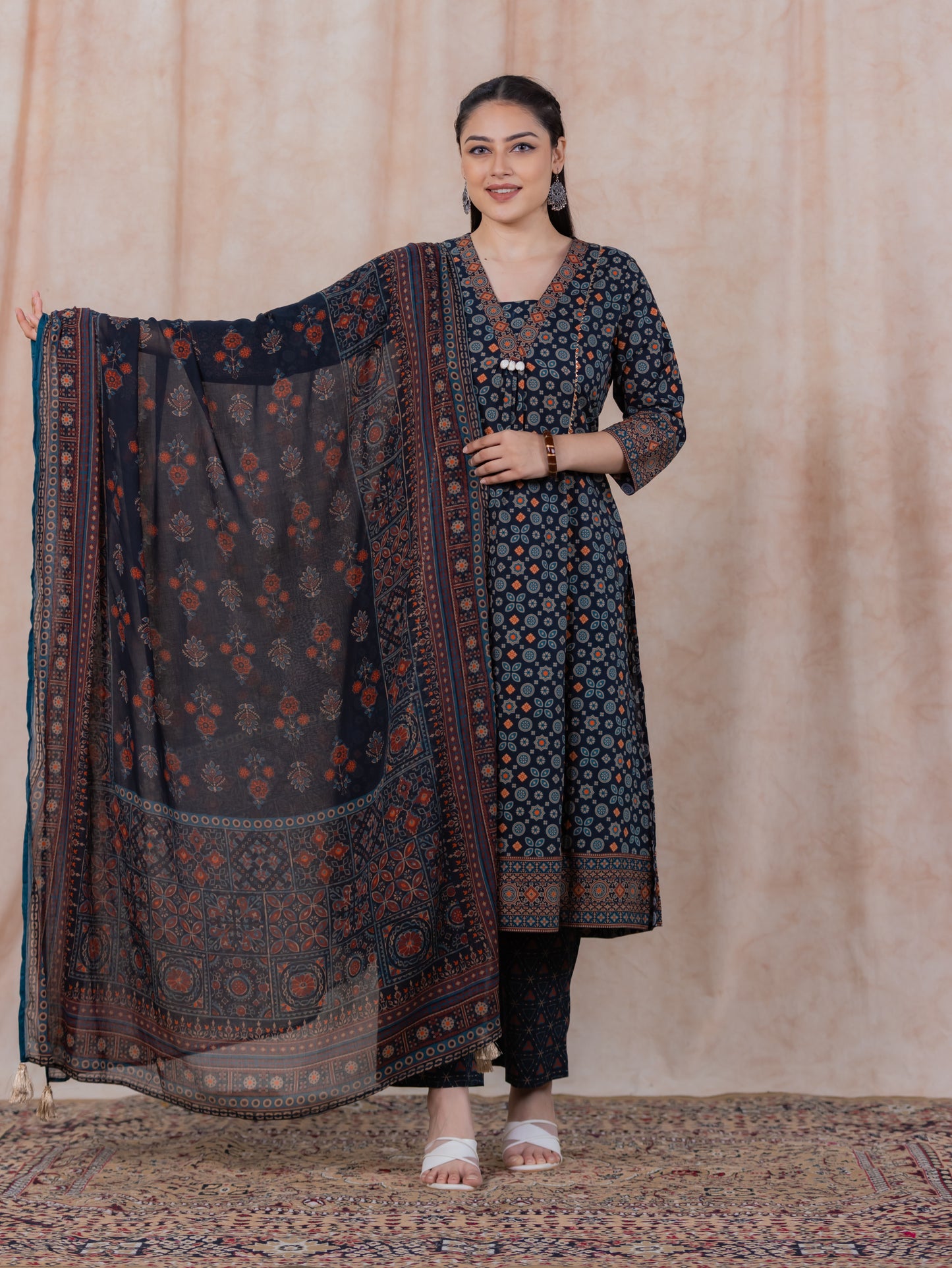 Soft Cotton Geometric Flared Black Kurta