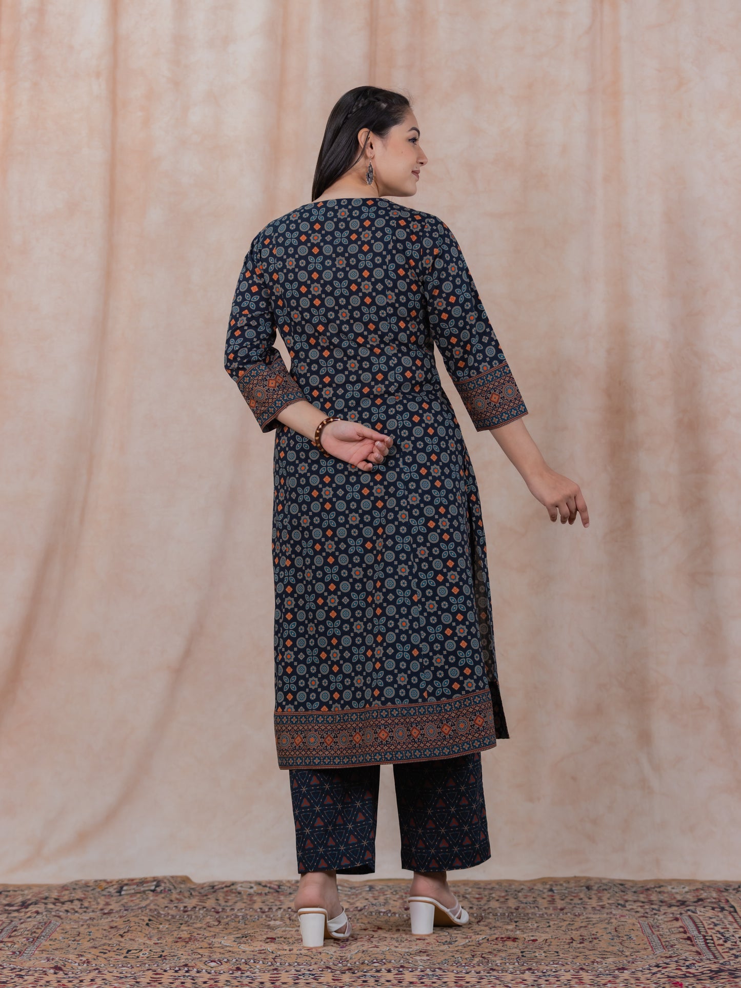 Soft Cotton Geometric Flared Black Kurta
