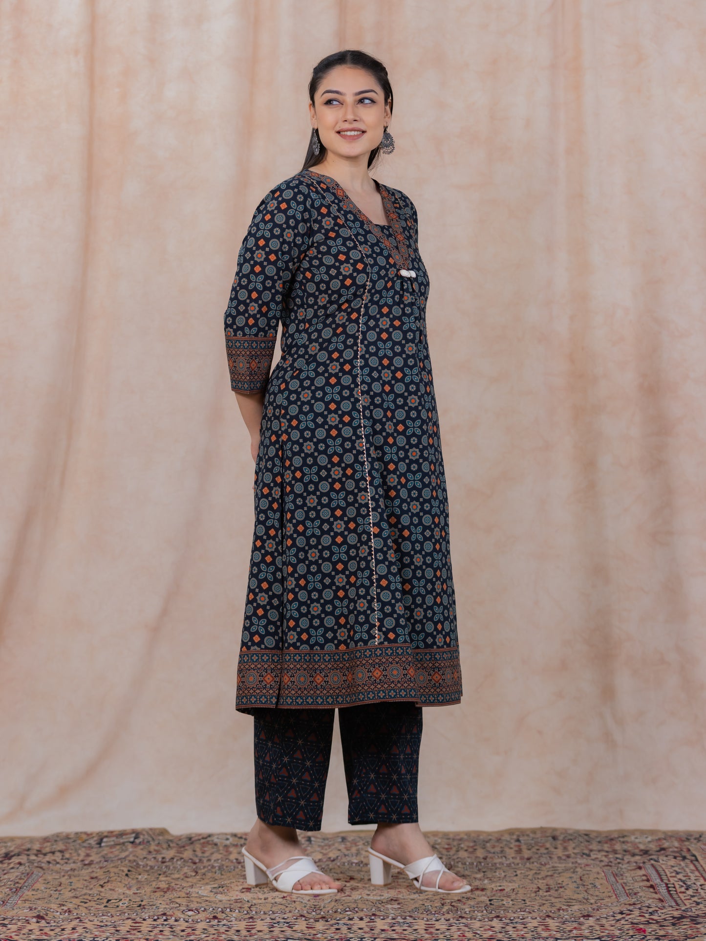 Soft Cotton Geometric Flared Black Kurta