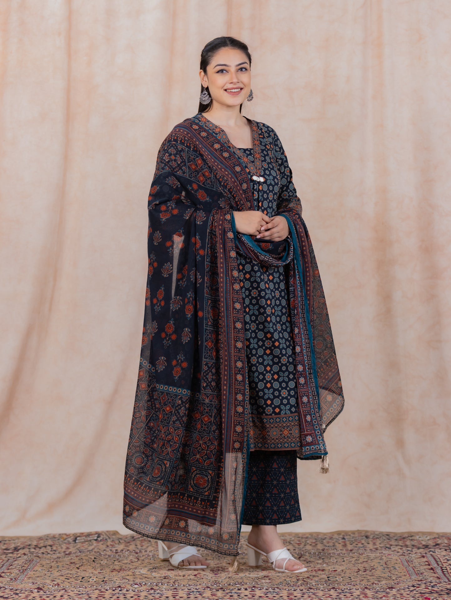 Soft Cotton Geometric Flared Black Kurta