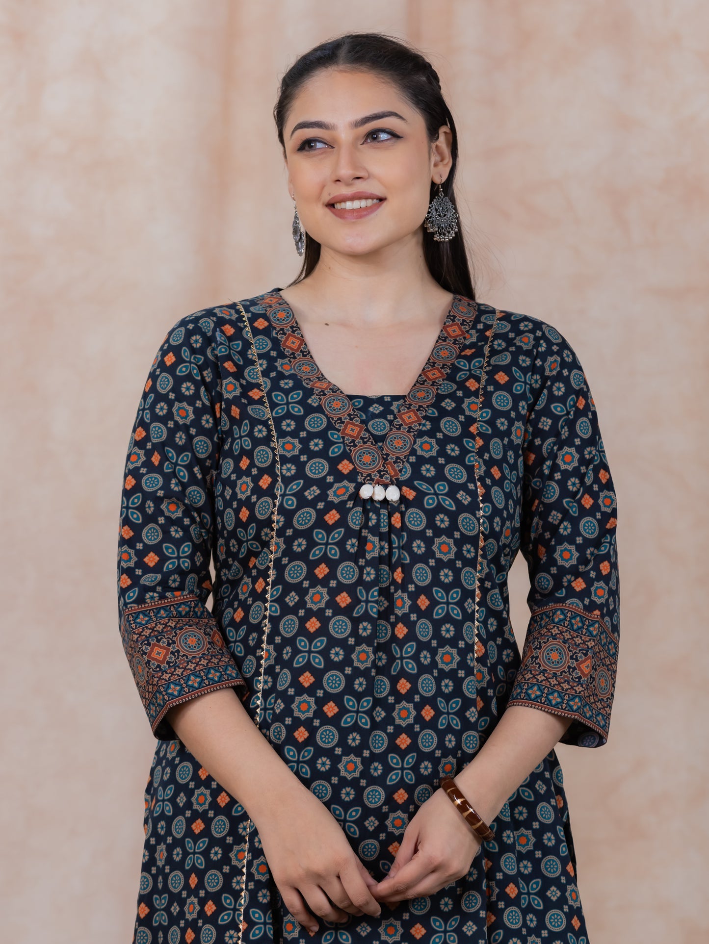 Soft Cotton Geometric Flared Black Kurta