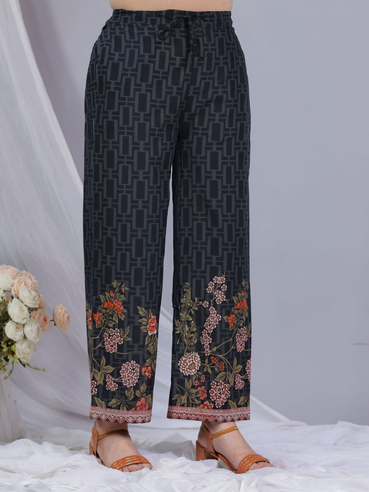 Soft Cotton Placement Print Black Palazzo