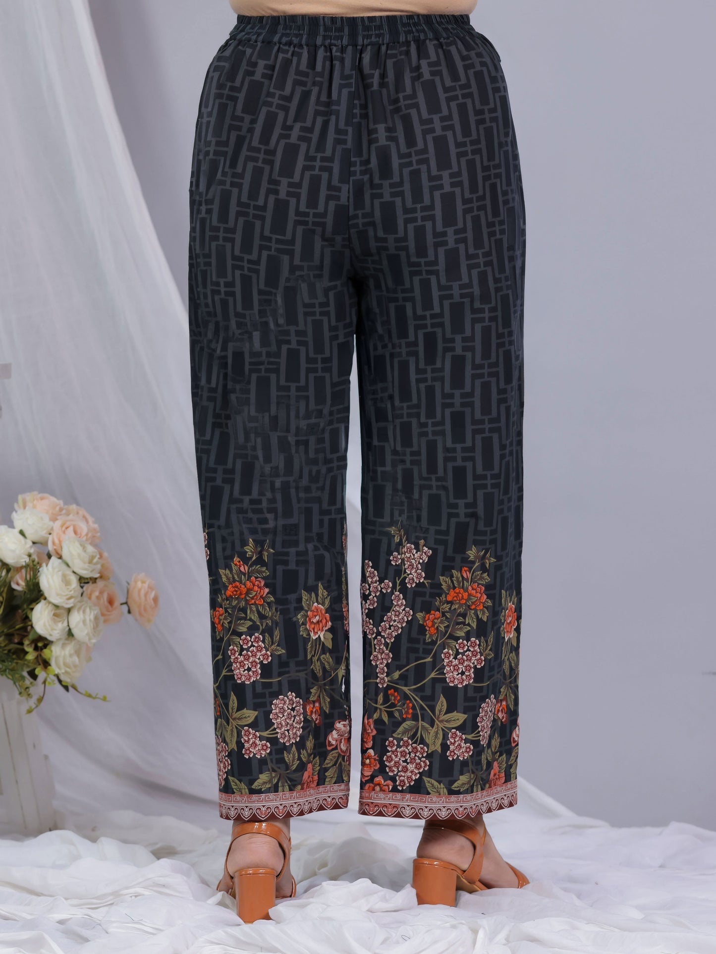 Soft Cotton Placement Print Black Palazzo