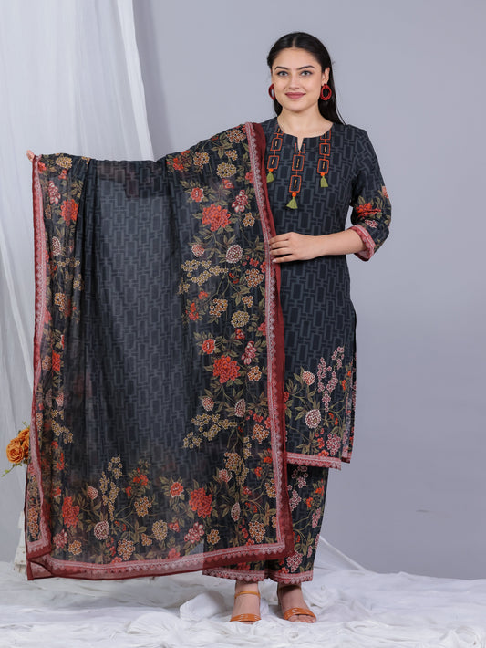 Cotton Voile Floral Black Dupatta