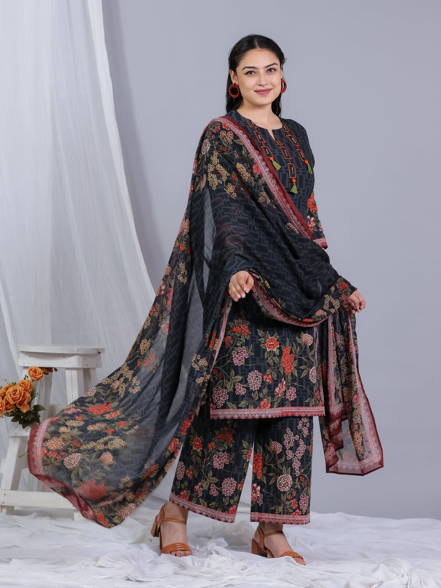 Cotton Voile Floral Black Dupatta