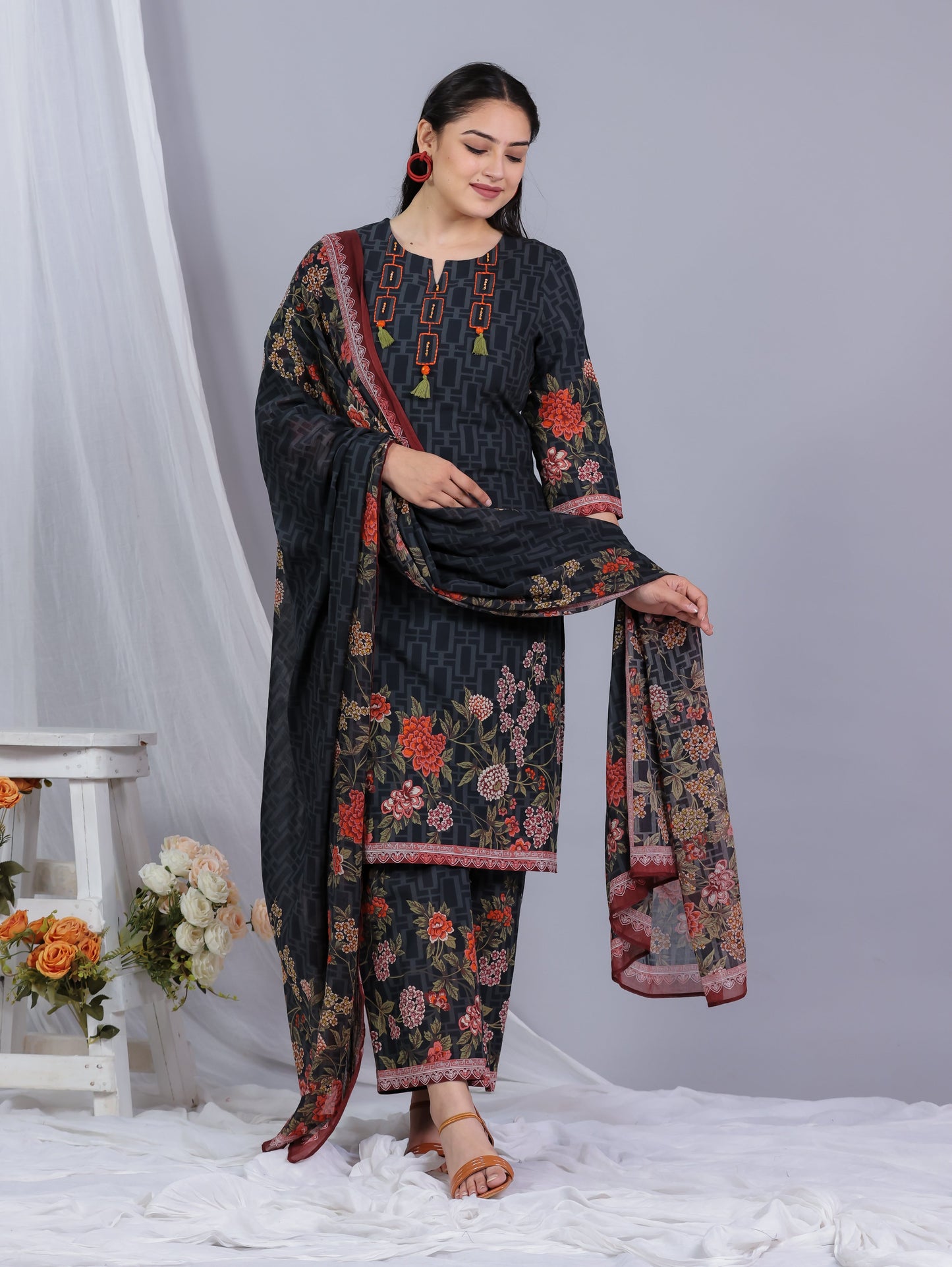 Cotton Voile Floral Black Dupatta
