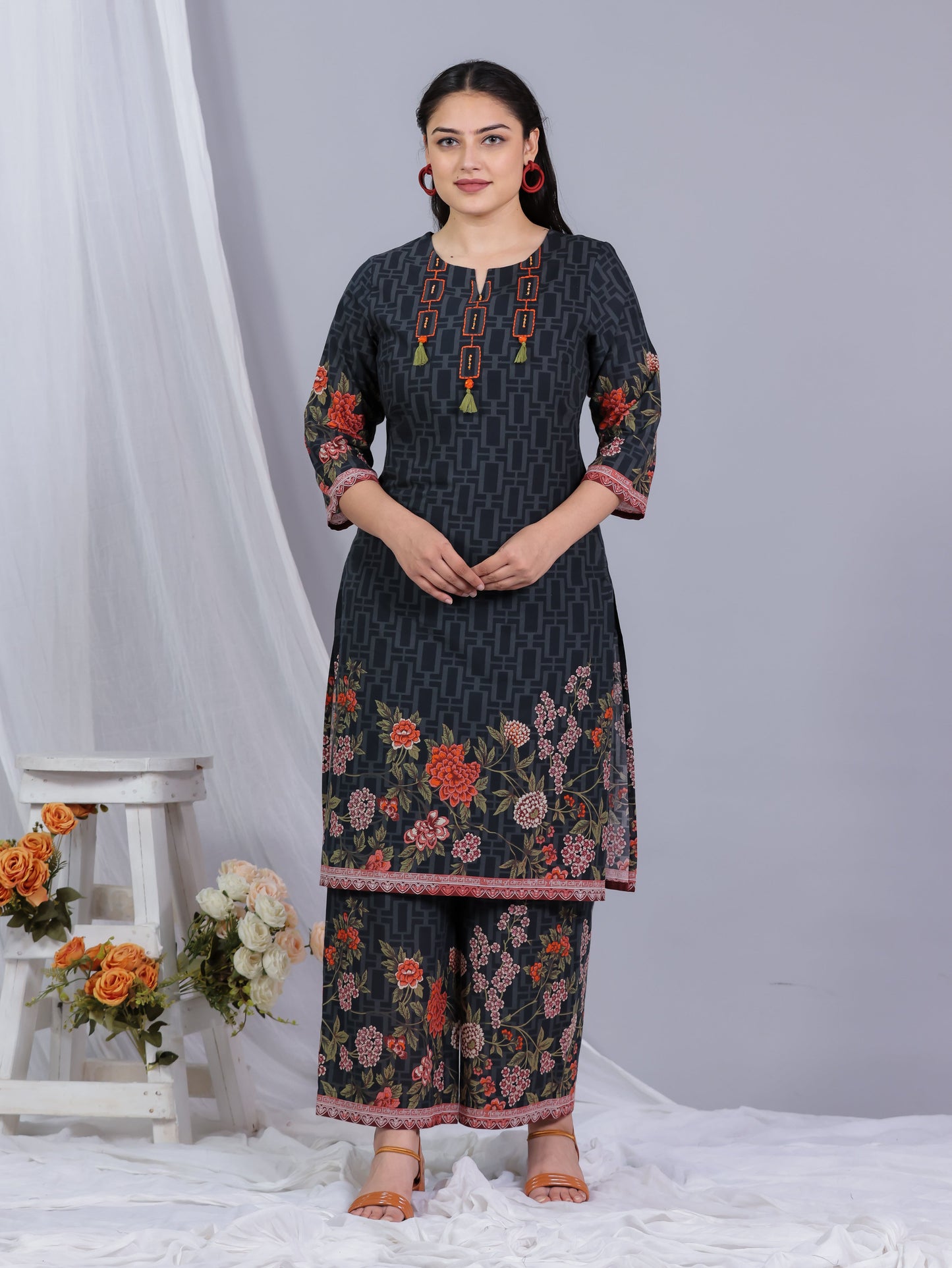 Embroidered Soft Cotton Placement Print Straight Black Kurta