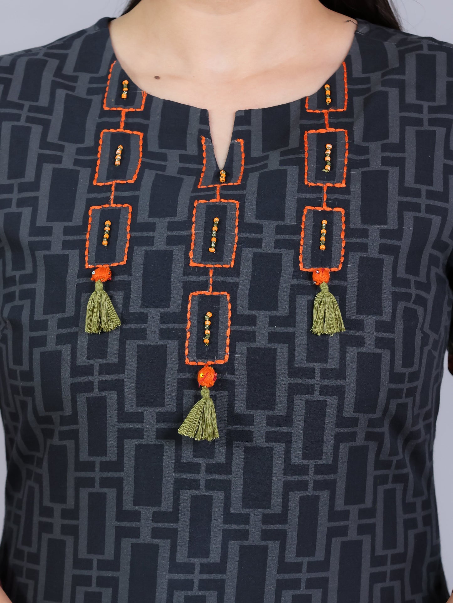 Embroidered Soft Cotton Placement Print Straight Black Kurta